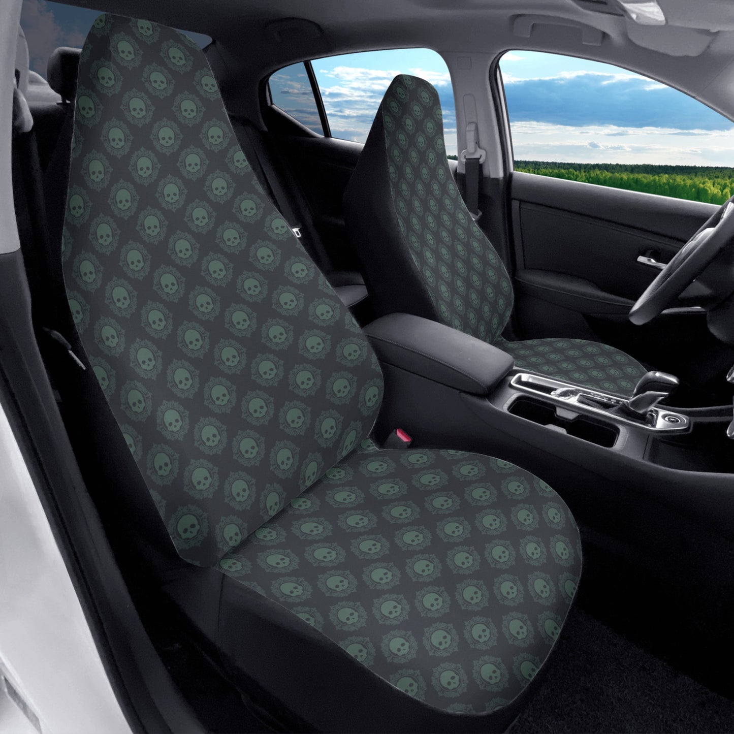 Green Skull Pattern Front Car Seat Covers