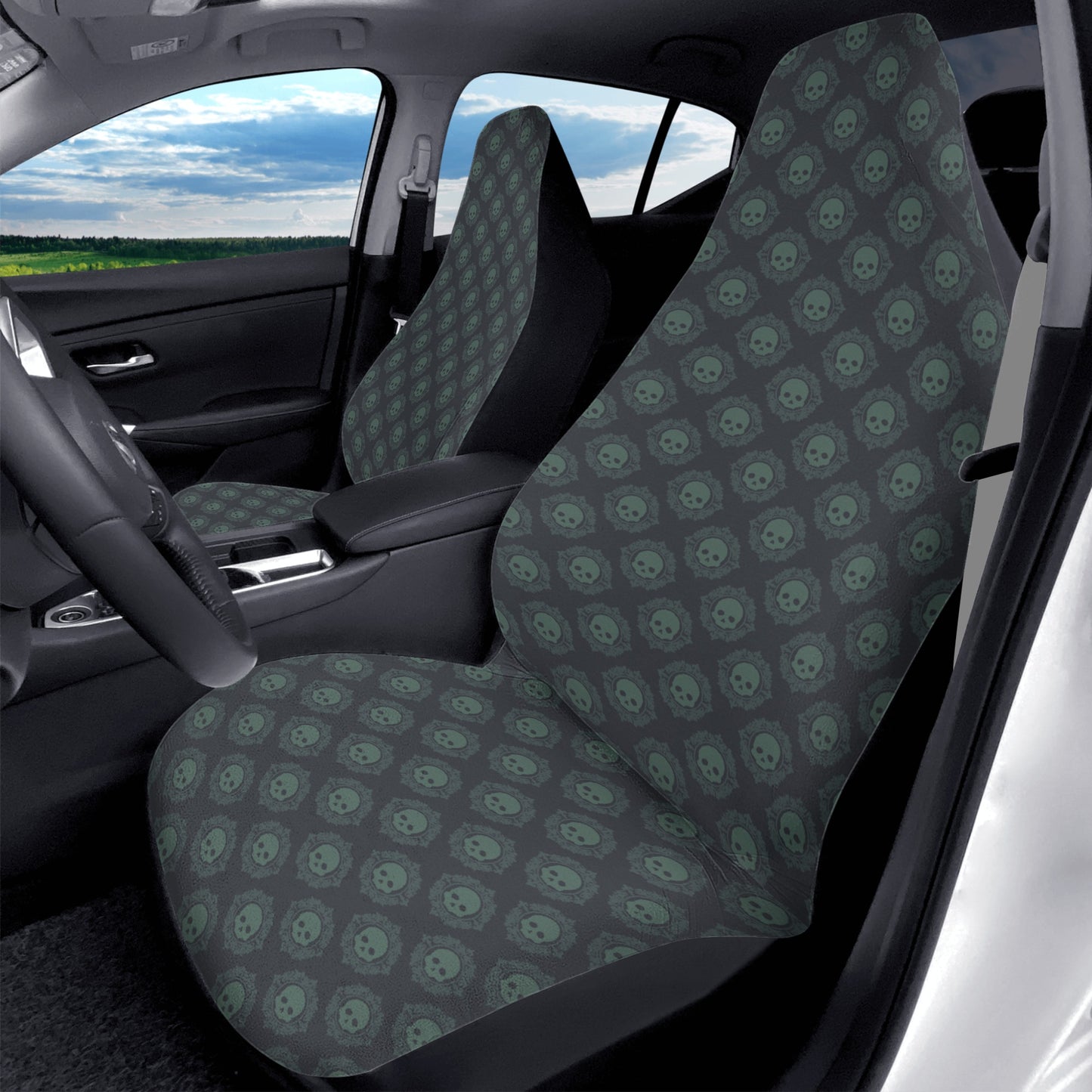 Green Skull Pattern Front Car Seat Covers