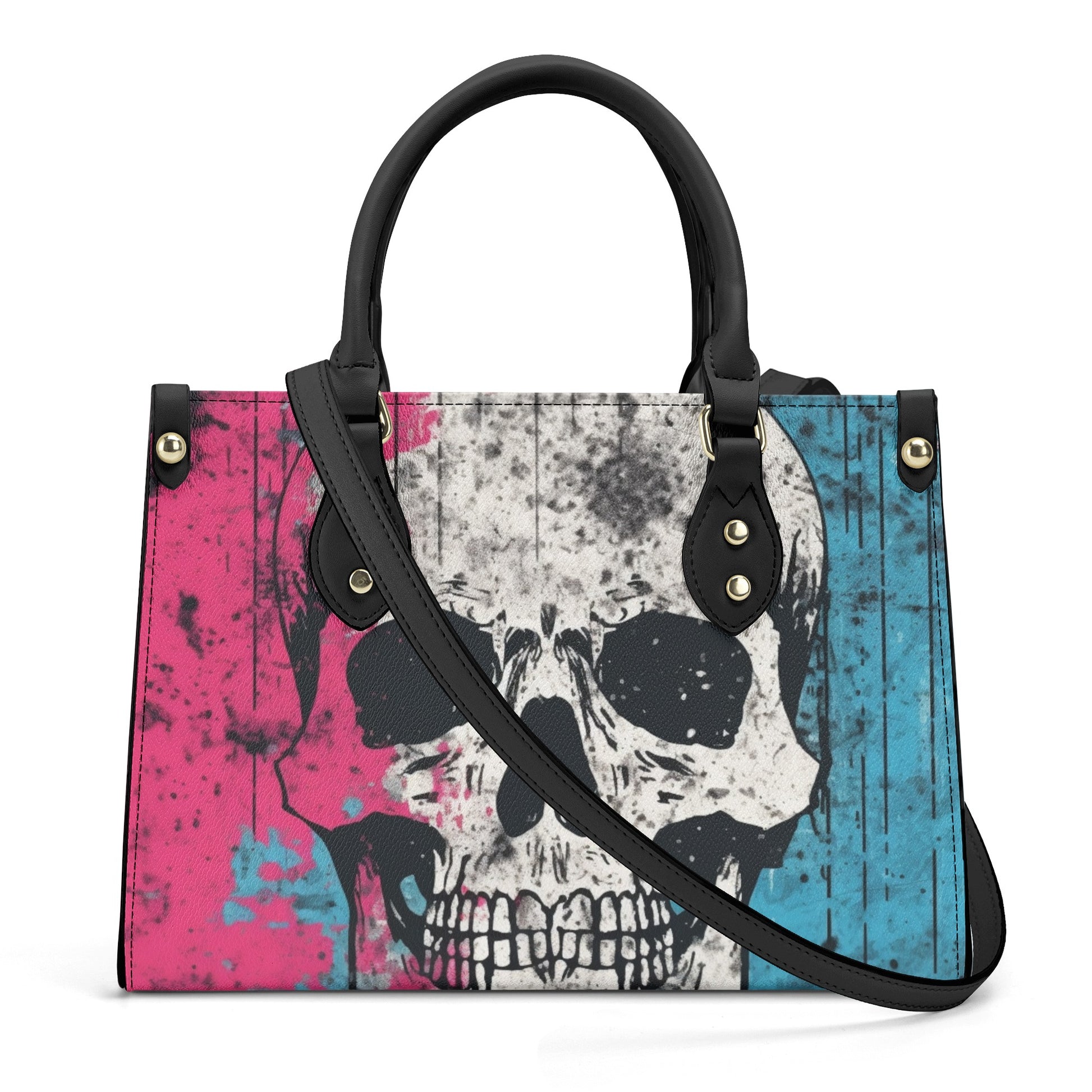 Pink And Blue Skull Luxury Leather Handbag With Shoulder Strap