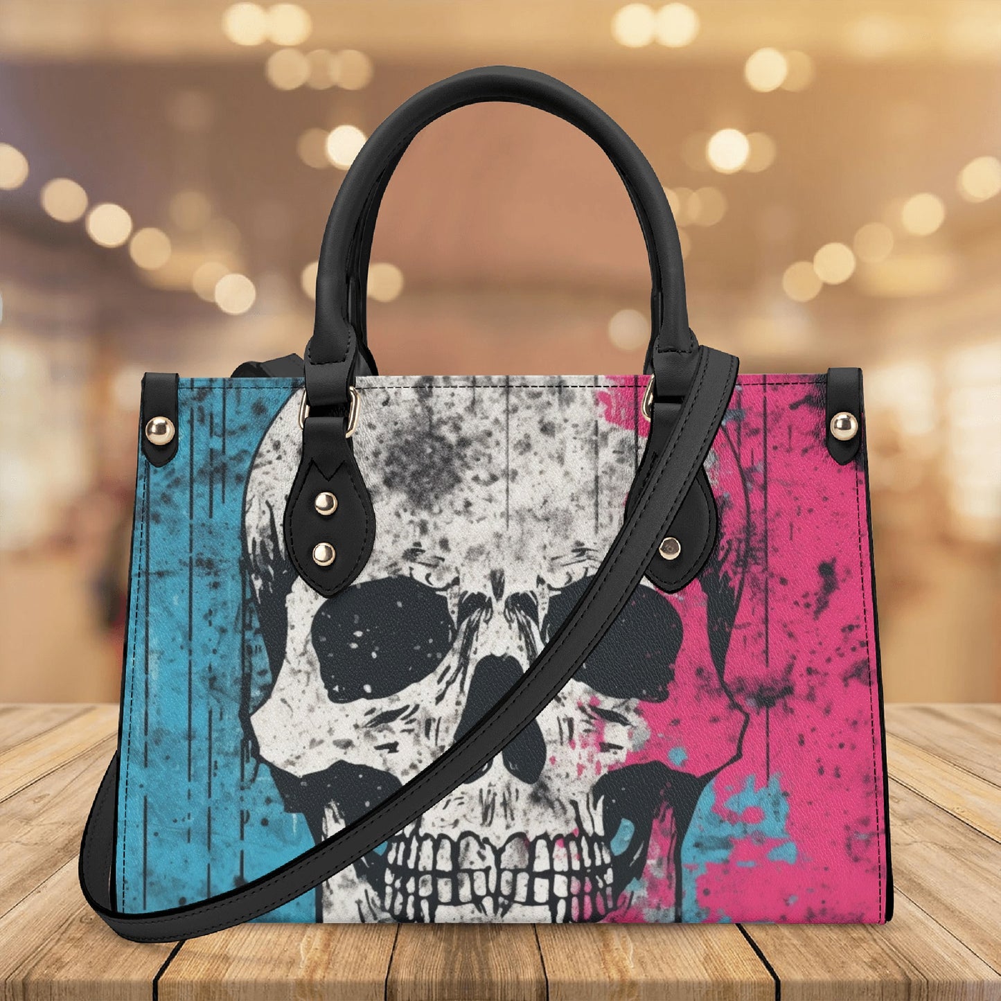 Pink And Blue Skull Luxury Leather Handbag With Shoulder Strap