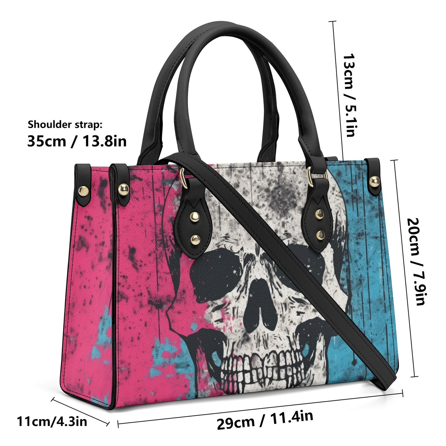 Pink And Blue Skull Luxury Leather Handbag With Shoulder Strap