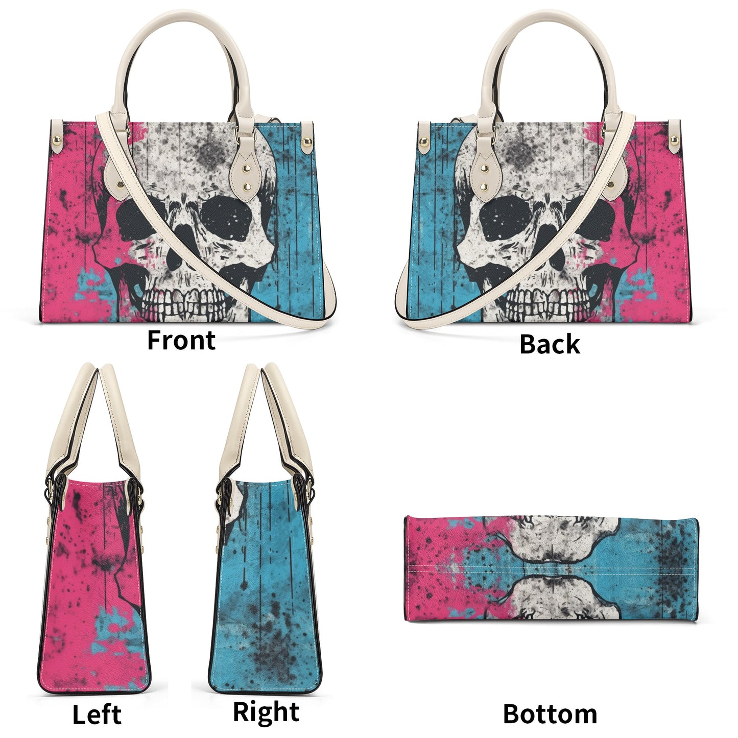 Pink And Blue Skull Luxury Leather Handbag With Shoulder Strap