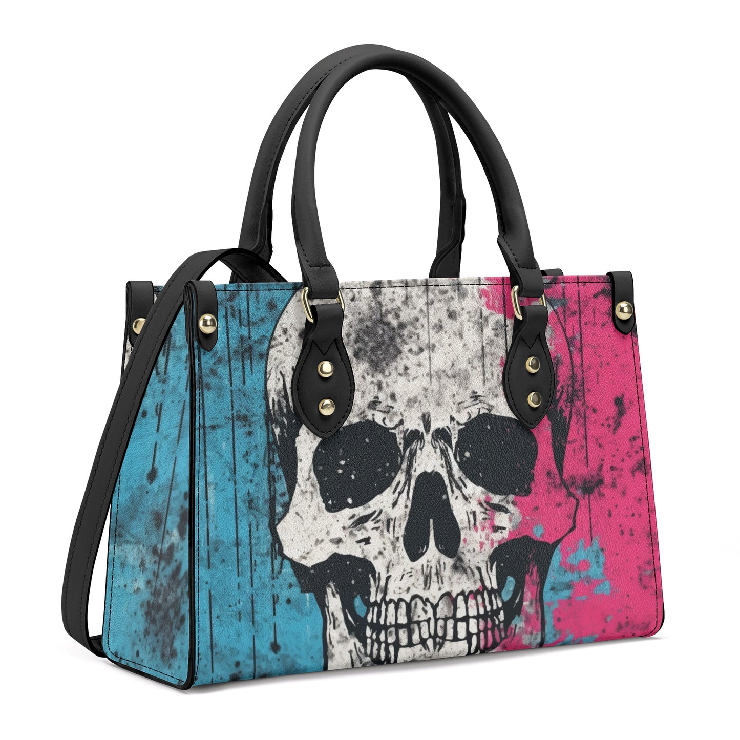 Pink And Blue Skull Luxury Leather Handbag With Shoulder Strap