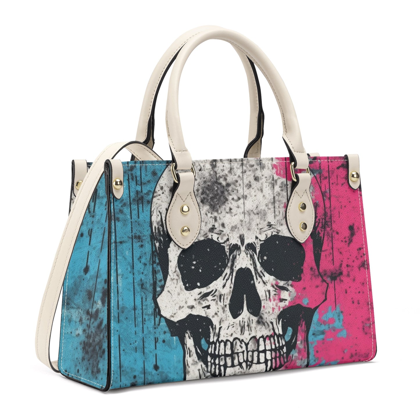 Pink And Blue Skull Luxury Leather Handbag With Shoulder Strap