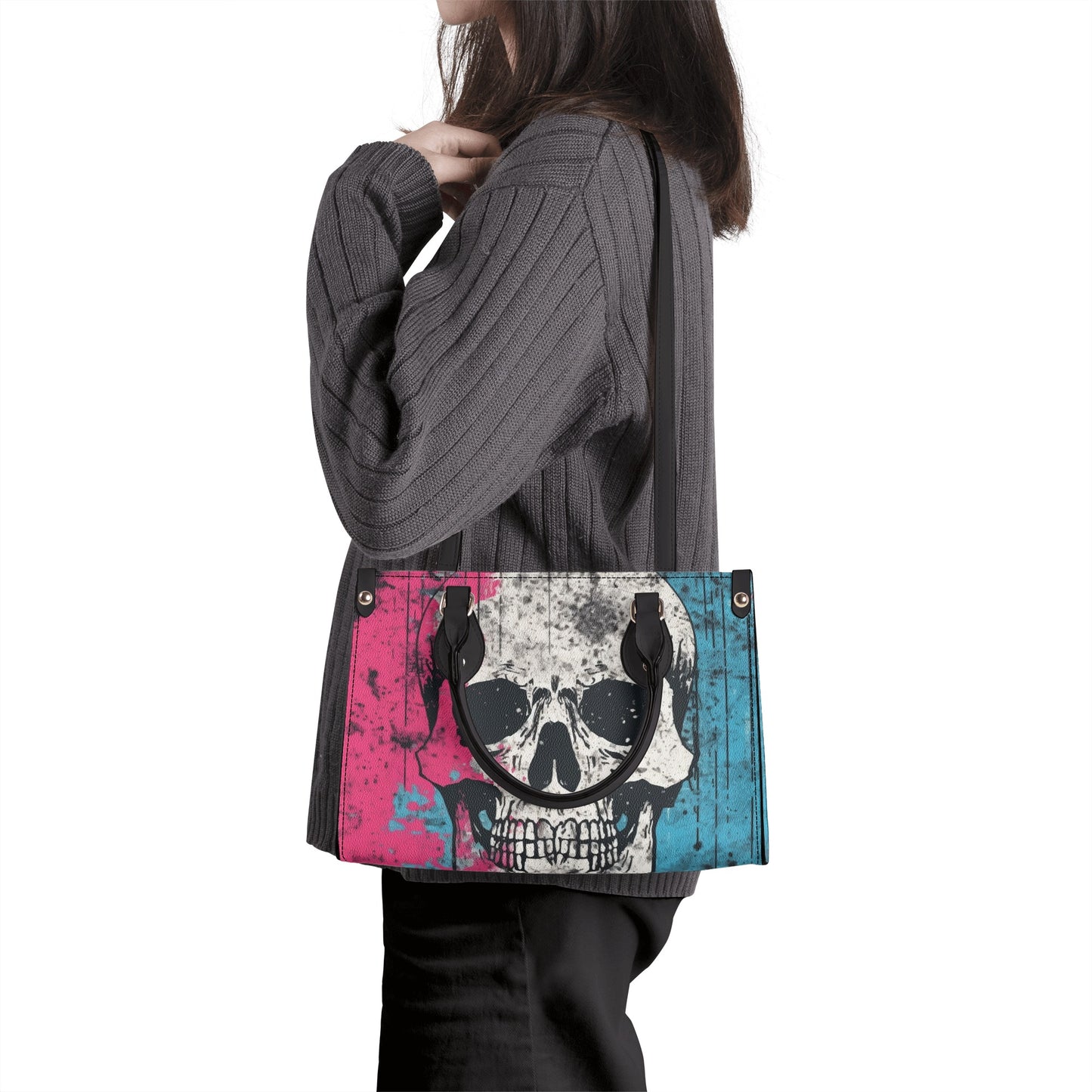 Pink And Blue Skull Luxury Leather Handbag With Shoulder Strap