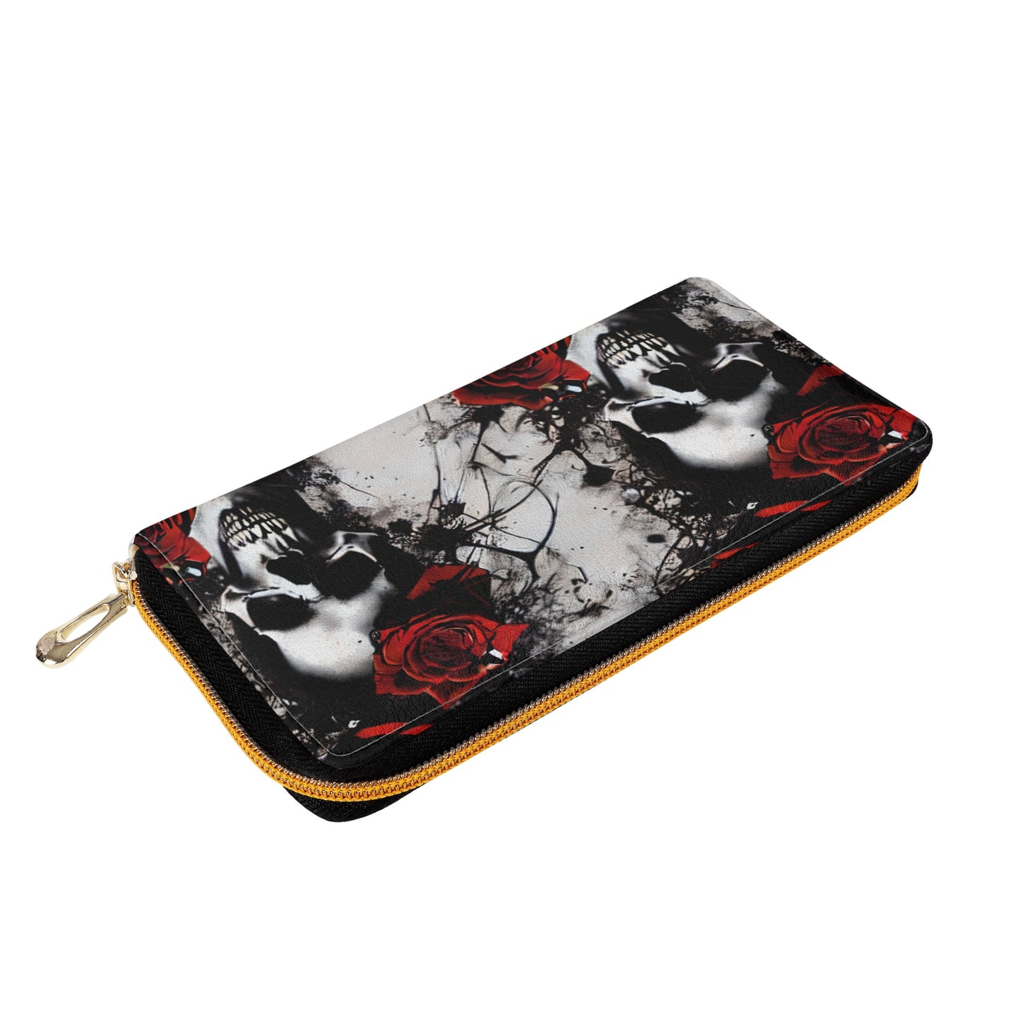 Skull And Roses Leather Zipper Purse