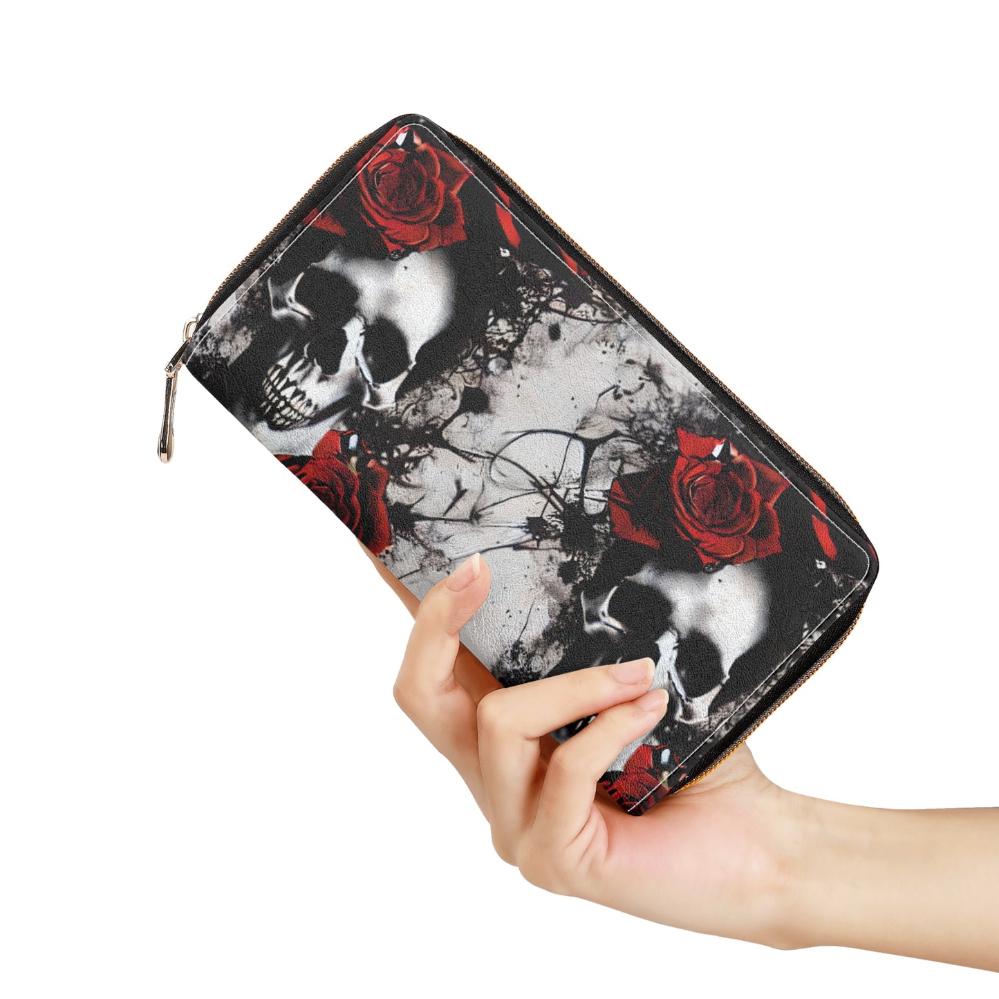 Skull And Roses Leather Zipper Purse