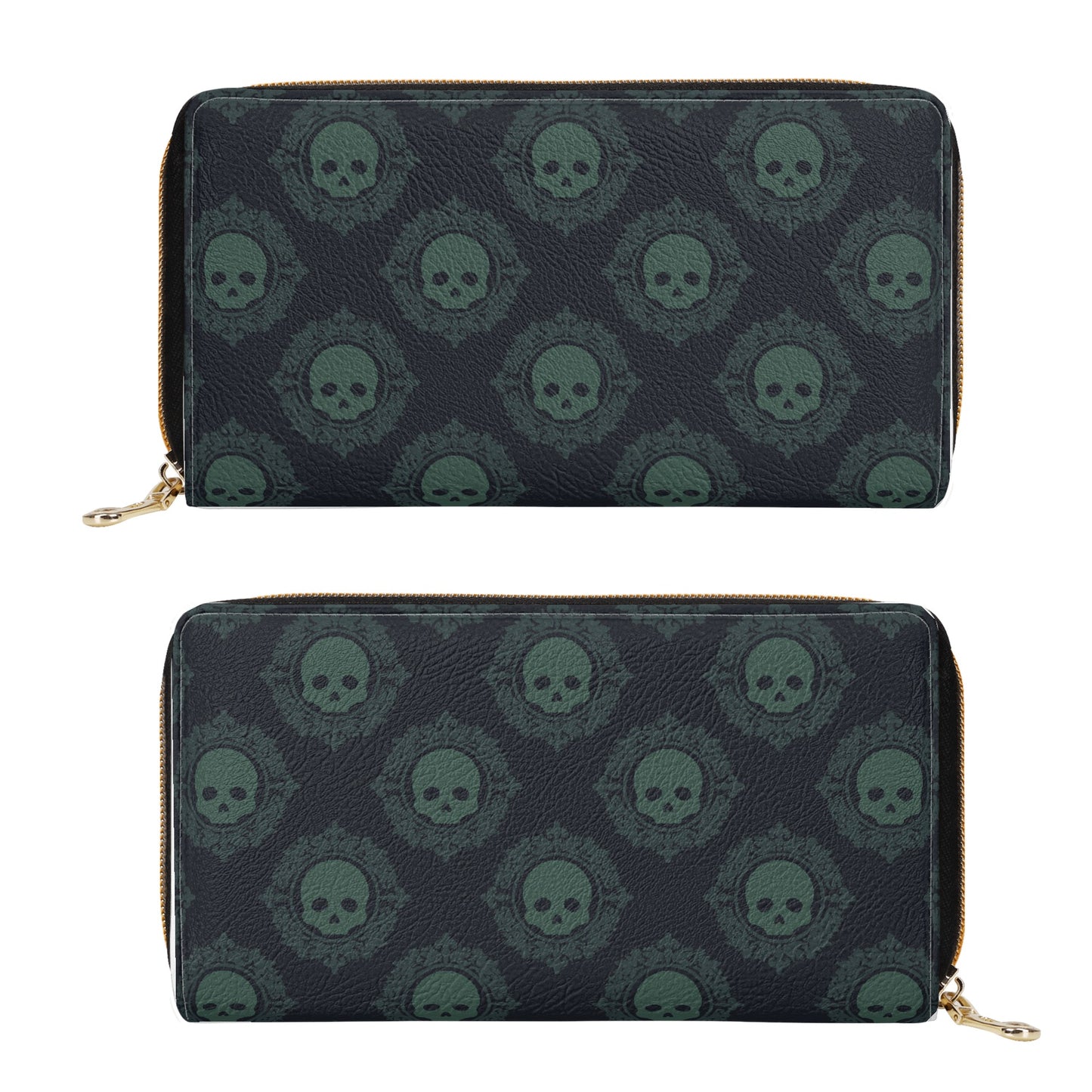 Green Skulls Leather Zipper Purse