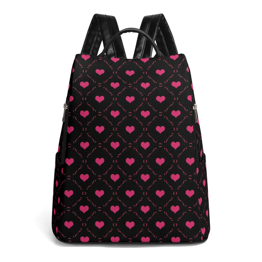 Pink Hearts Leather Anti-theft Travel Backpack
