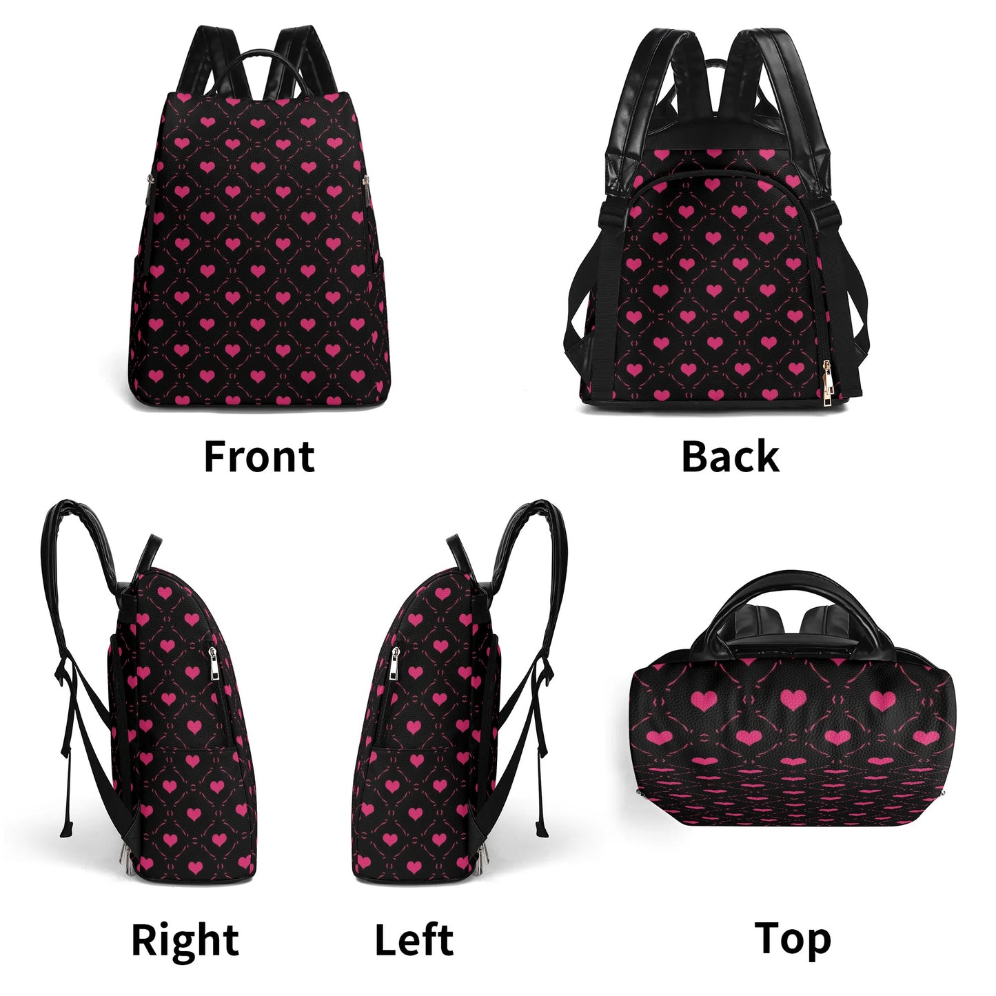 Pink Hearts Leather Anti-theft Travel Backpack