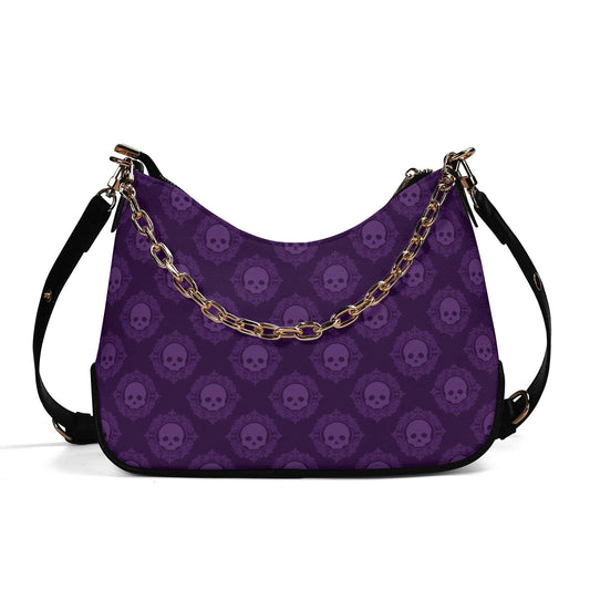Gothic Purple Skulls Leather Hand Bag With Chain