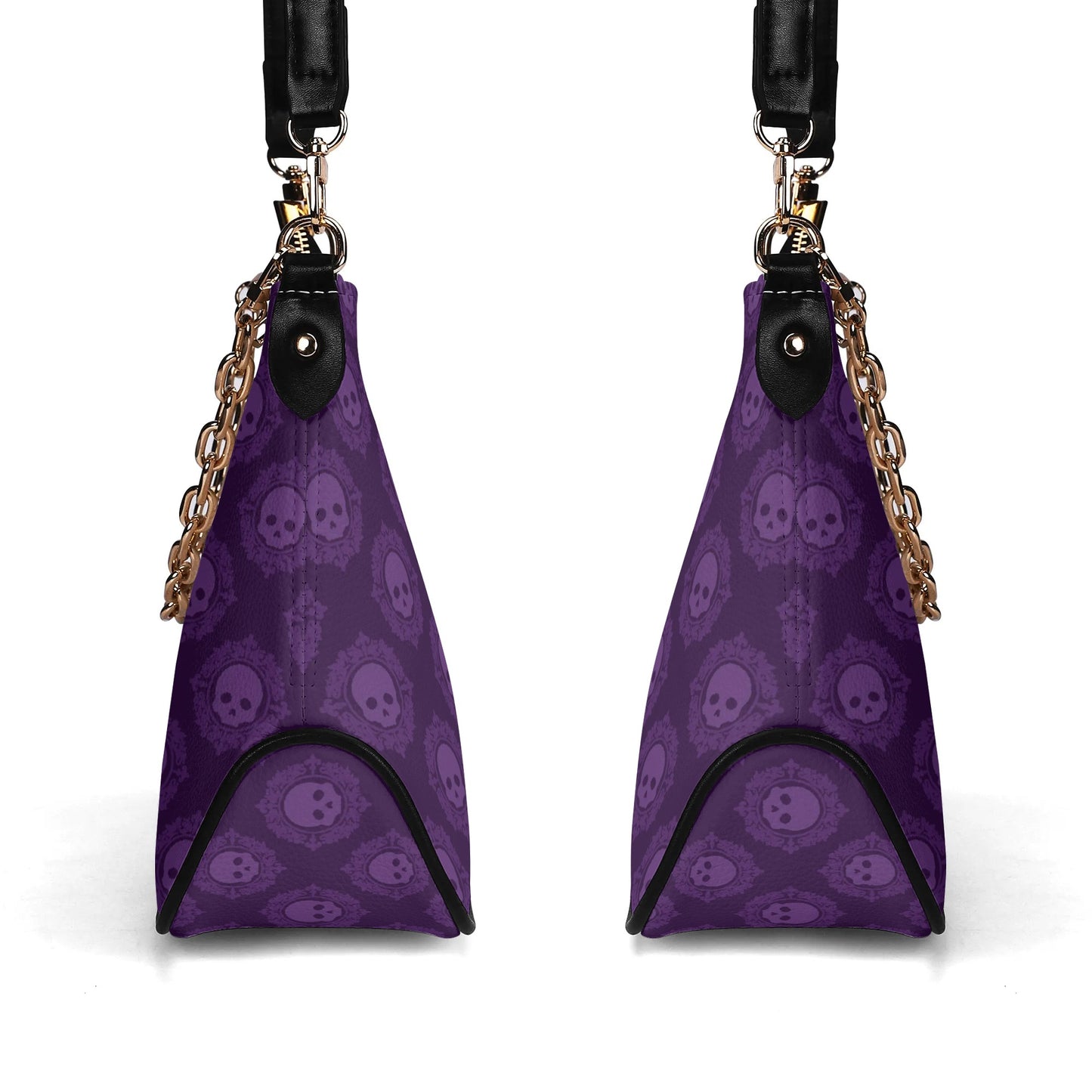 Gothic Purple Skulls Leather Hand Bag With Chain