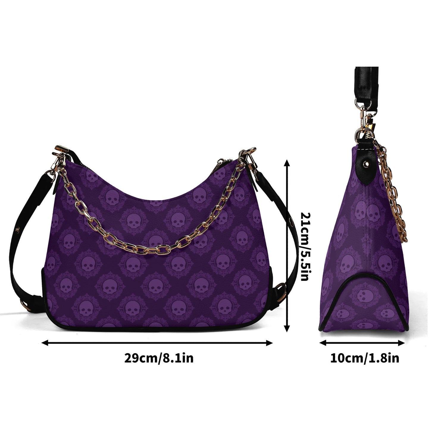 Gothic Purple Skulls Leather Hand Bag With Chain