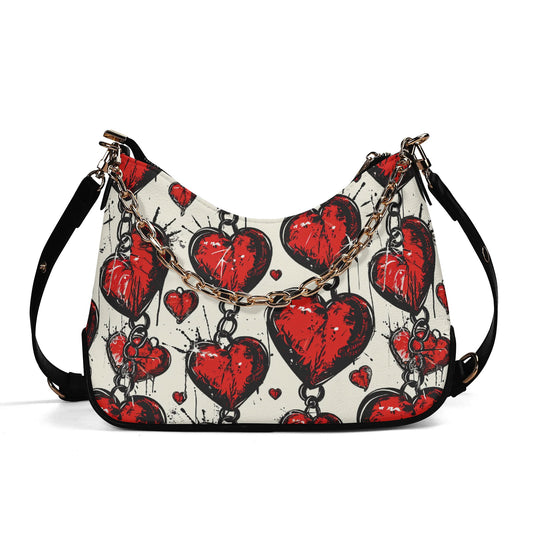 Chained Hearts Leather Hand Bag With Chain