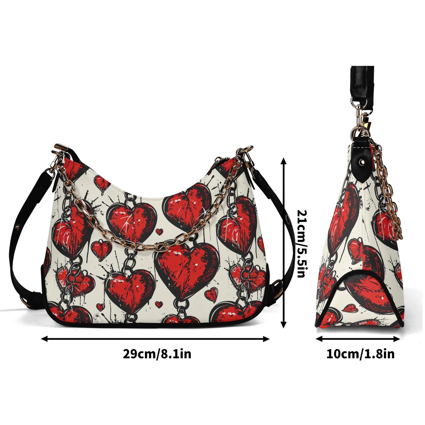 Chained Hearts Leather Hand Bag With Chain