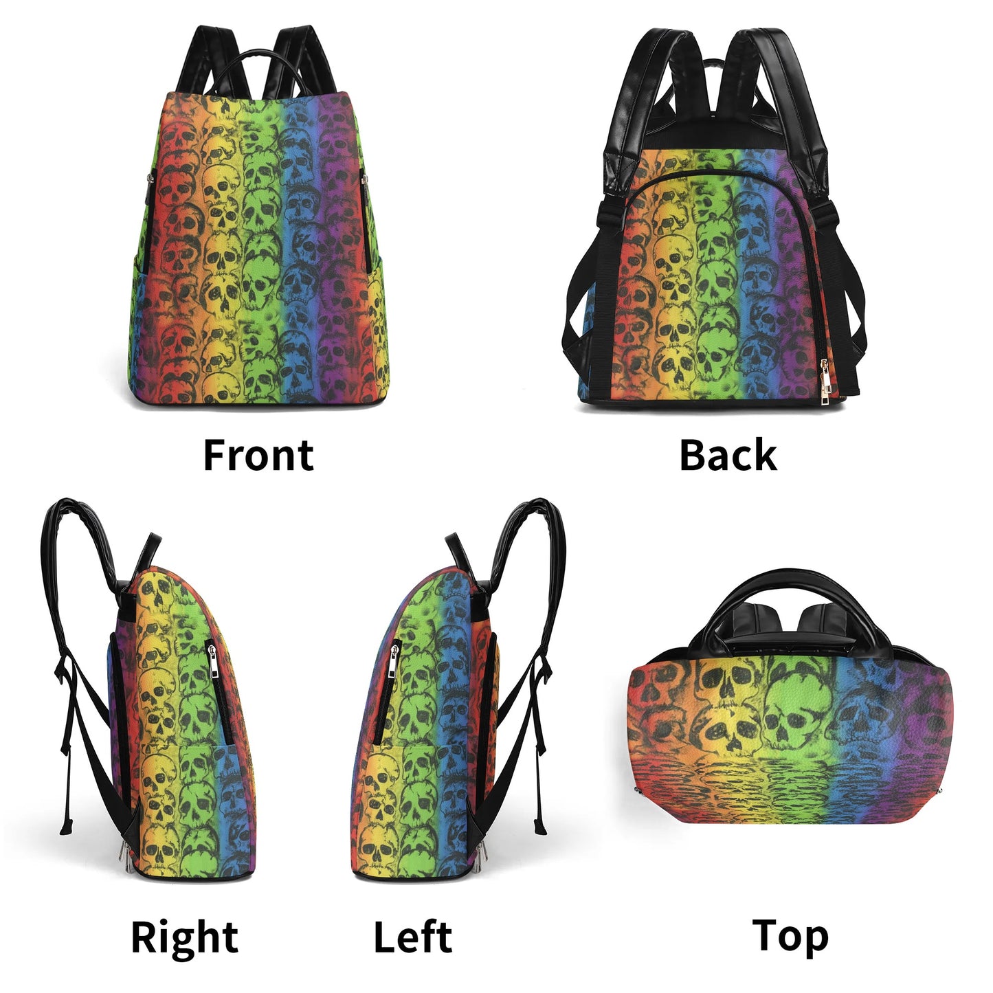 Rainbow Skulls Leather Anti-theft Travel Backpack