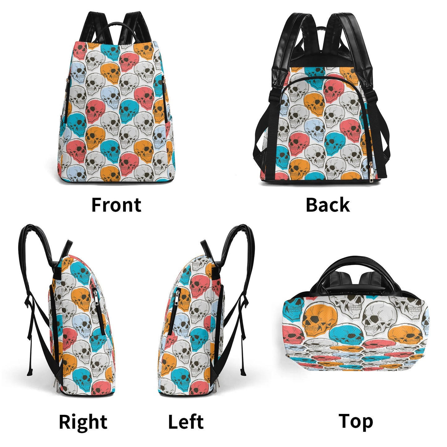 Colorful Skulls Leather Anti-theft Travel Backpack