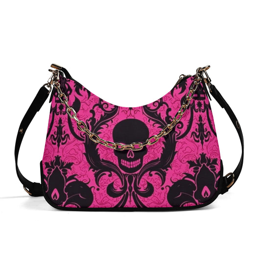 Skulls On Pink Leather Hand Bag With Chain