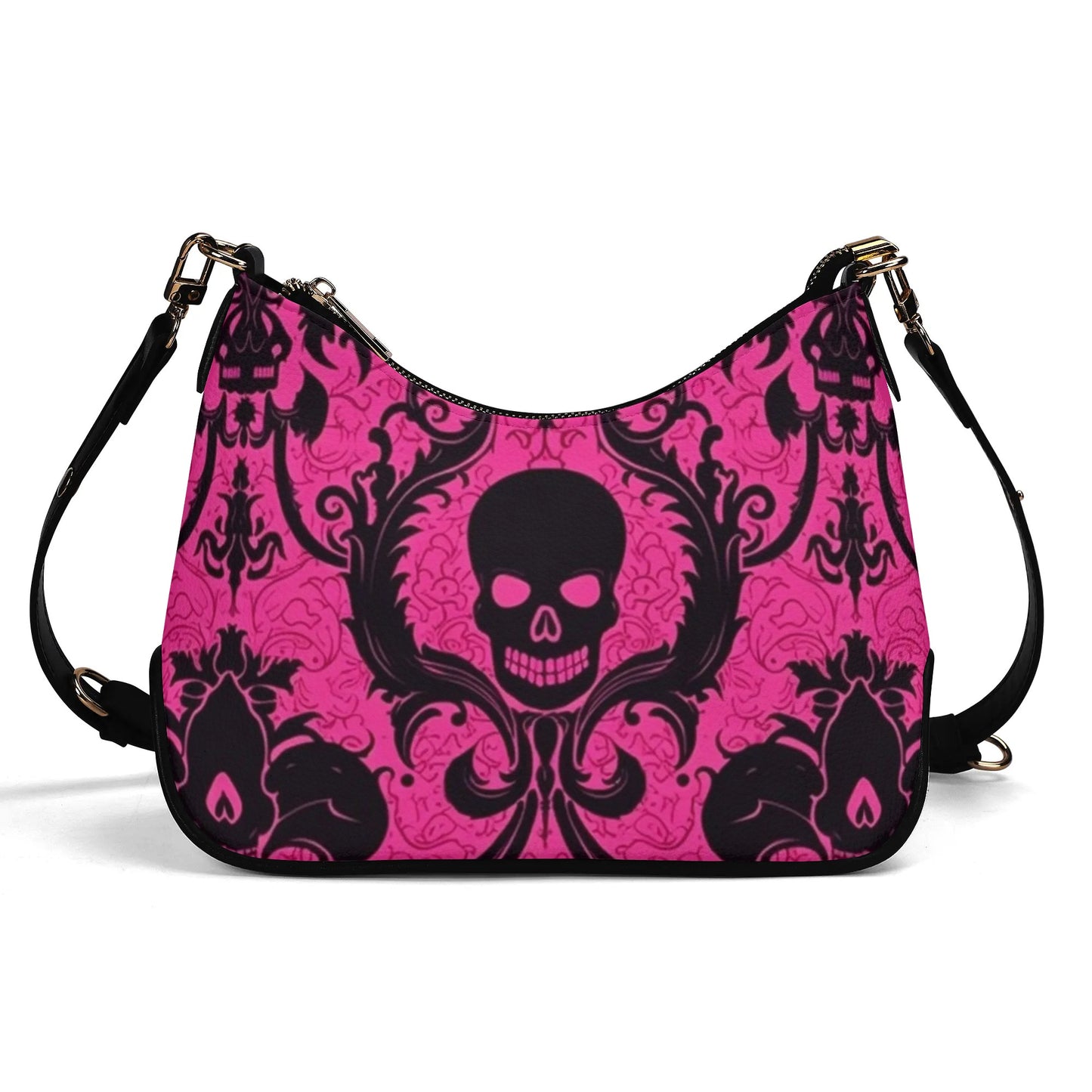 Skulls On Pink Leather Hand Bag With Chain