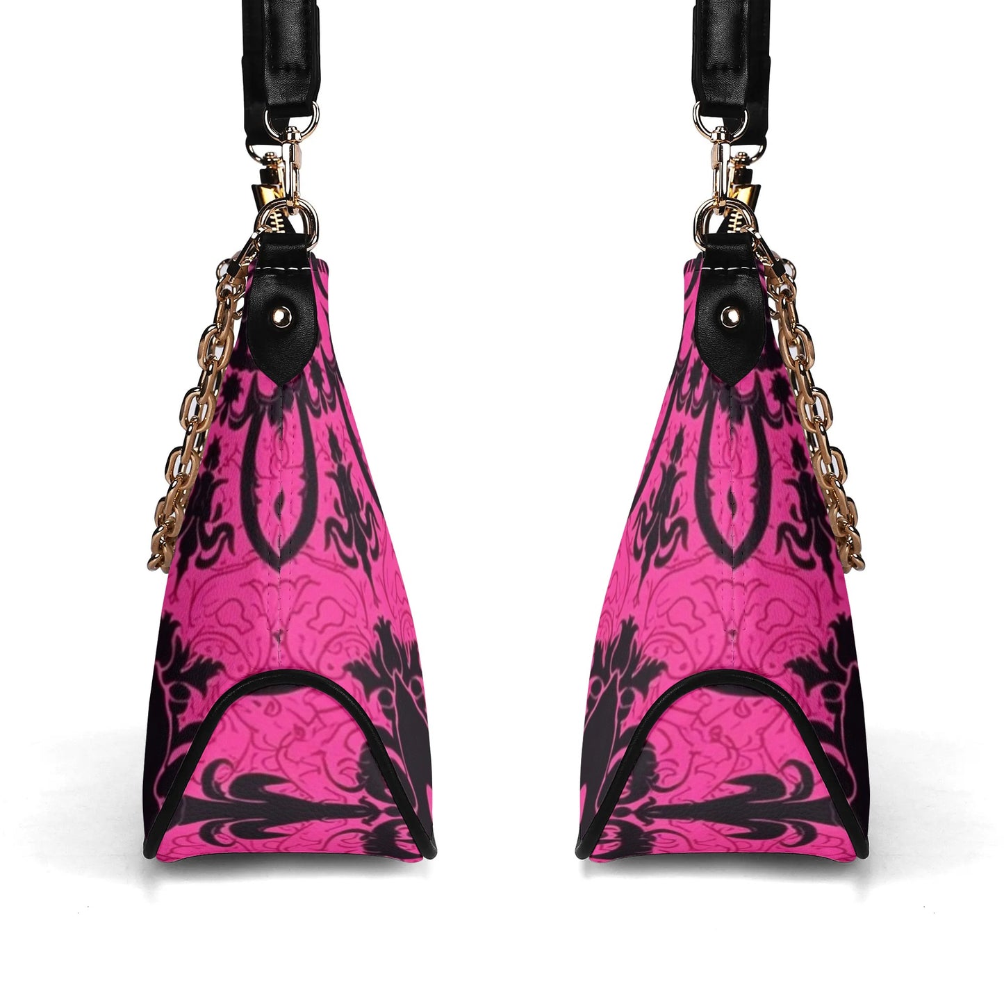 Skulls On Pink Leather Hand Bag With Chain