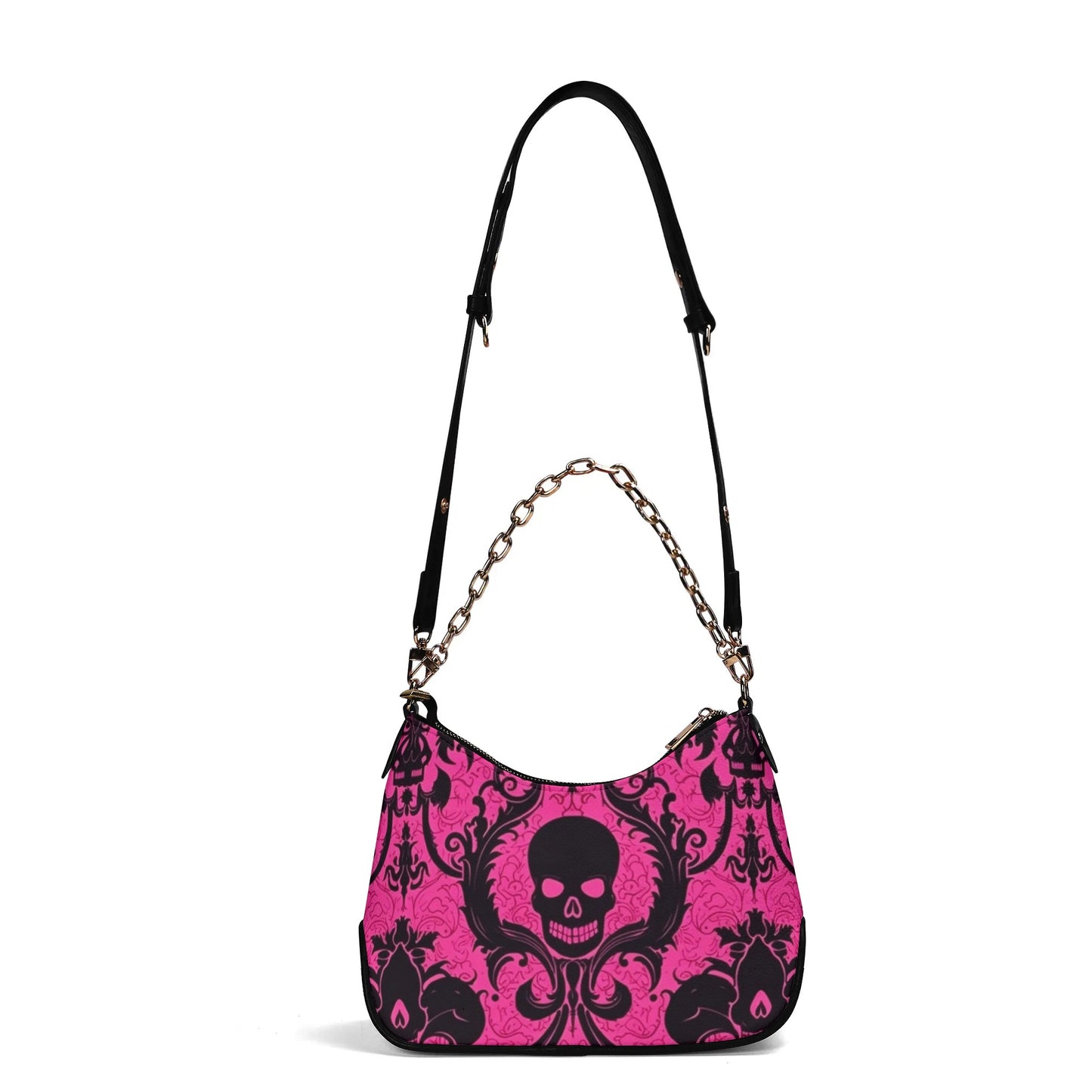 Skulls On Pink Leather Hand Bag With Chain