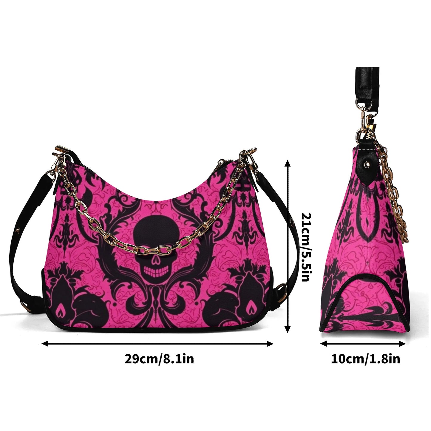 Skulls On Pink Leather Hand Bag With Chain