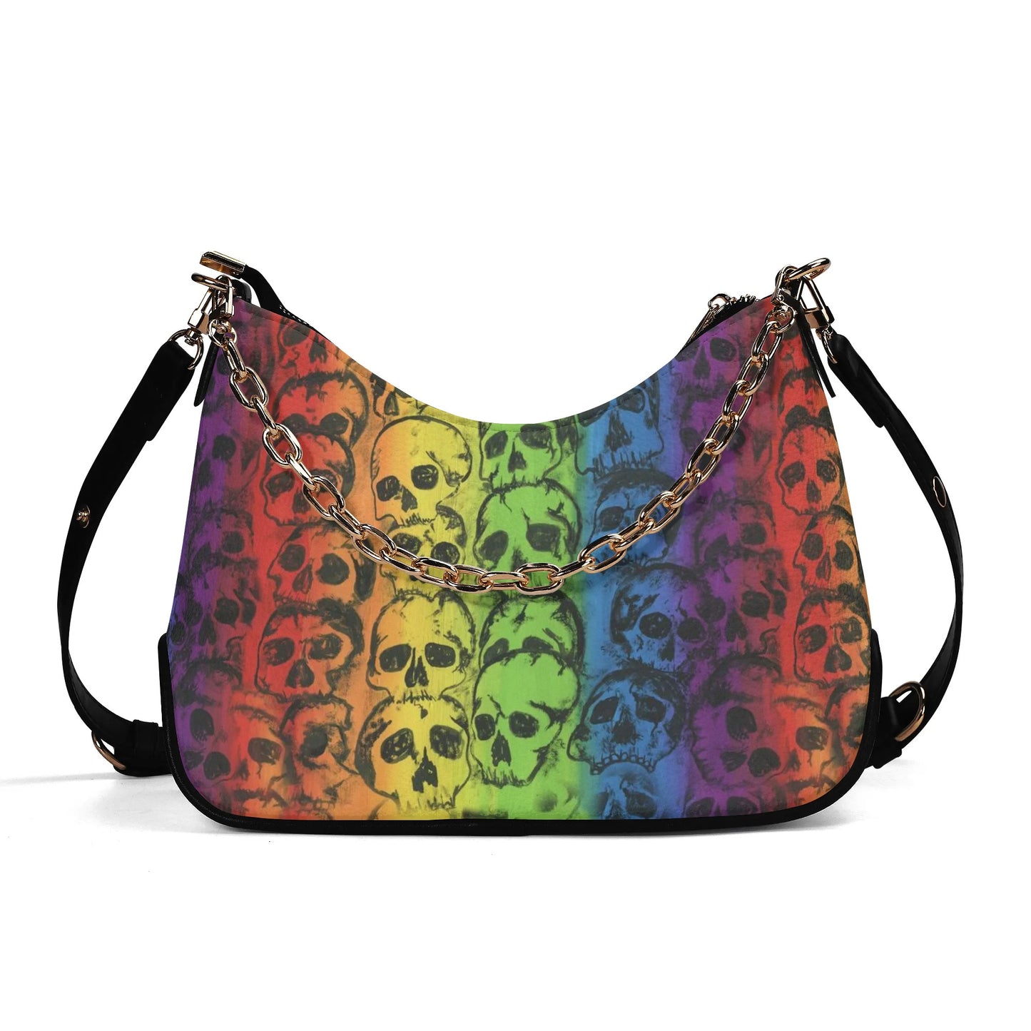 Rainbow Skulls Leather Hand Bag With Chain