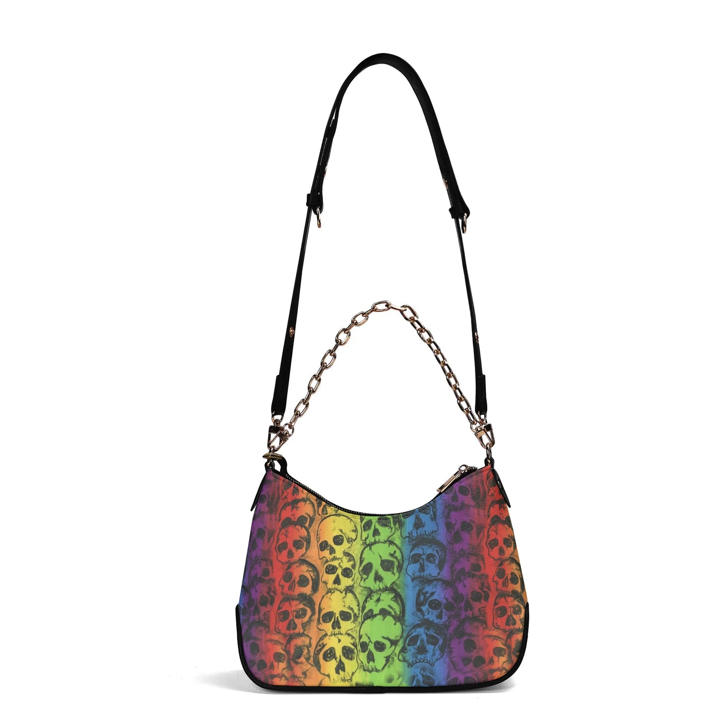 Rainbow Skulls Leather Hand Bag With Chain