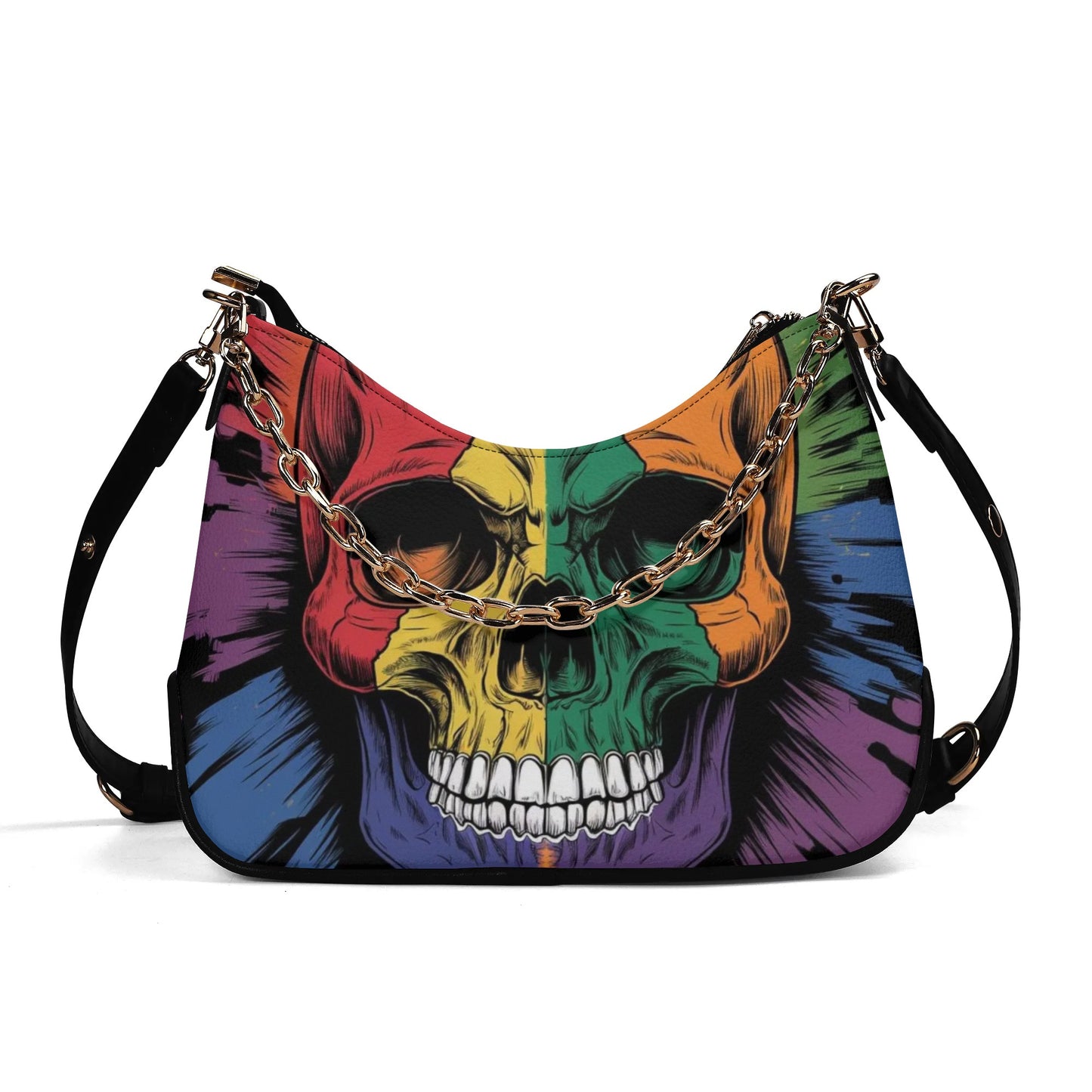 Rainbow Skull Leather Hand Bag With Chain