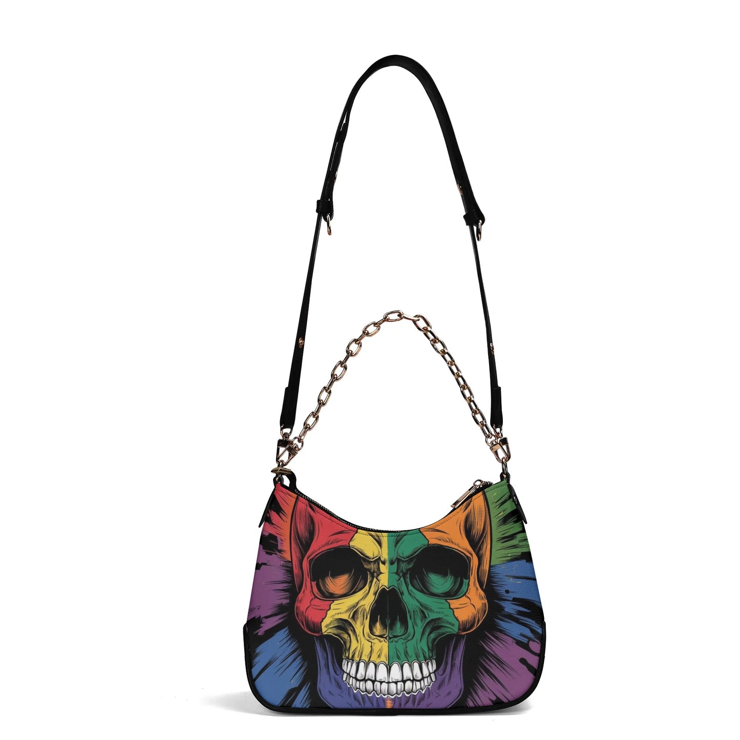 Rainbow Skull Leather Hand Bag With Chain