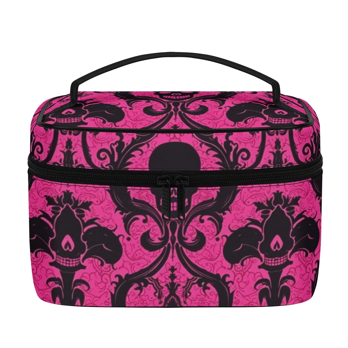 Gothic Pink And Black Skulls Leather Cosmetic Bag