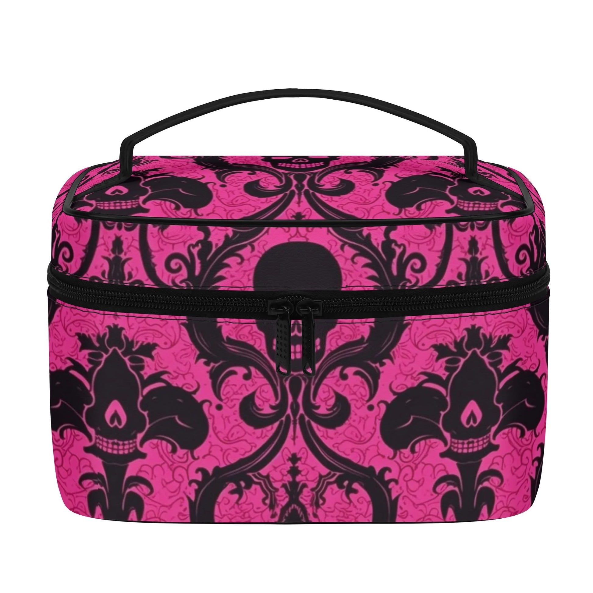 Gothic Pink And Black Skulls Leather Cosmetic Bag