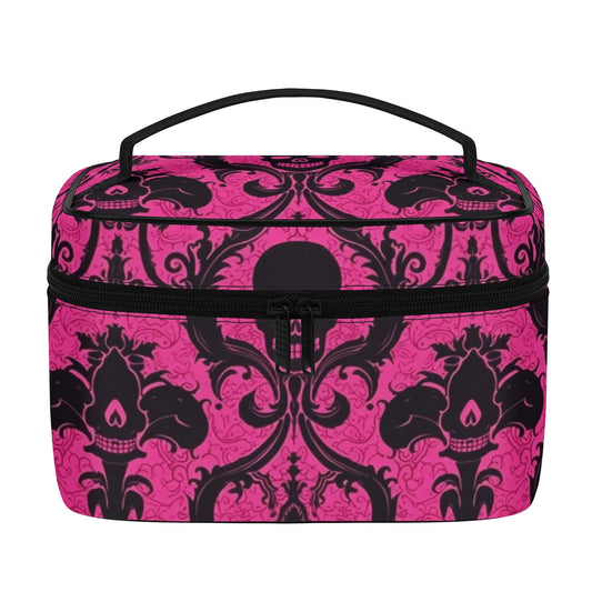 Gothic Pink And Black Skulls Leather Cosmetic Bag