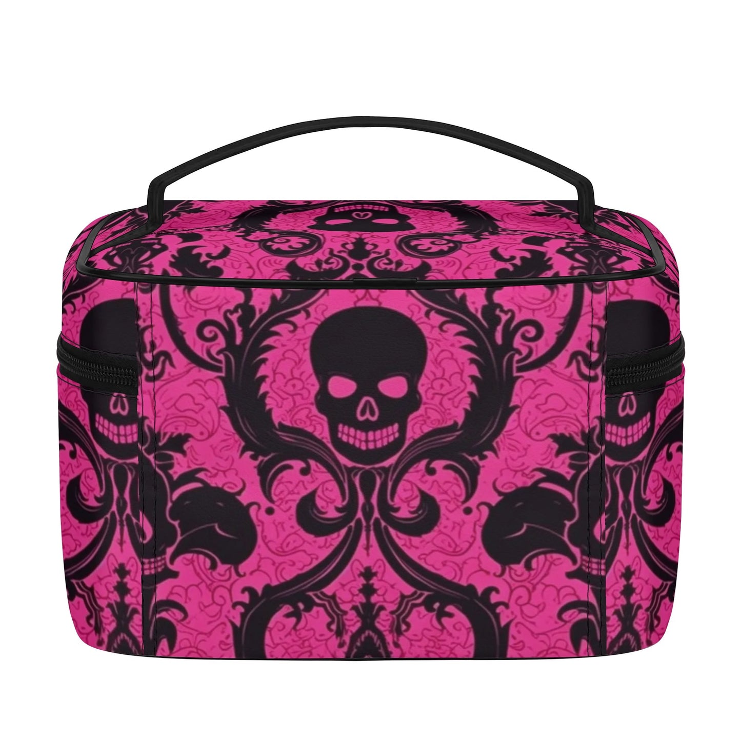 Gothic Pink And Black Skulls Leather Cosmetic Bag