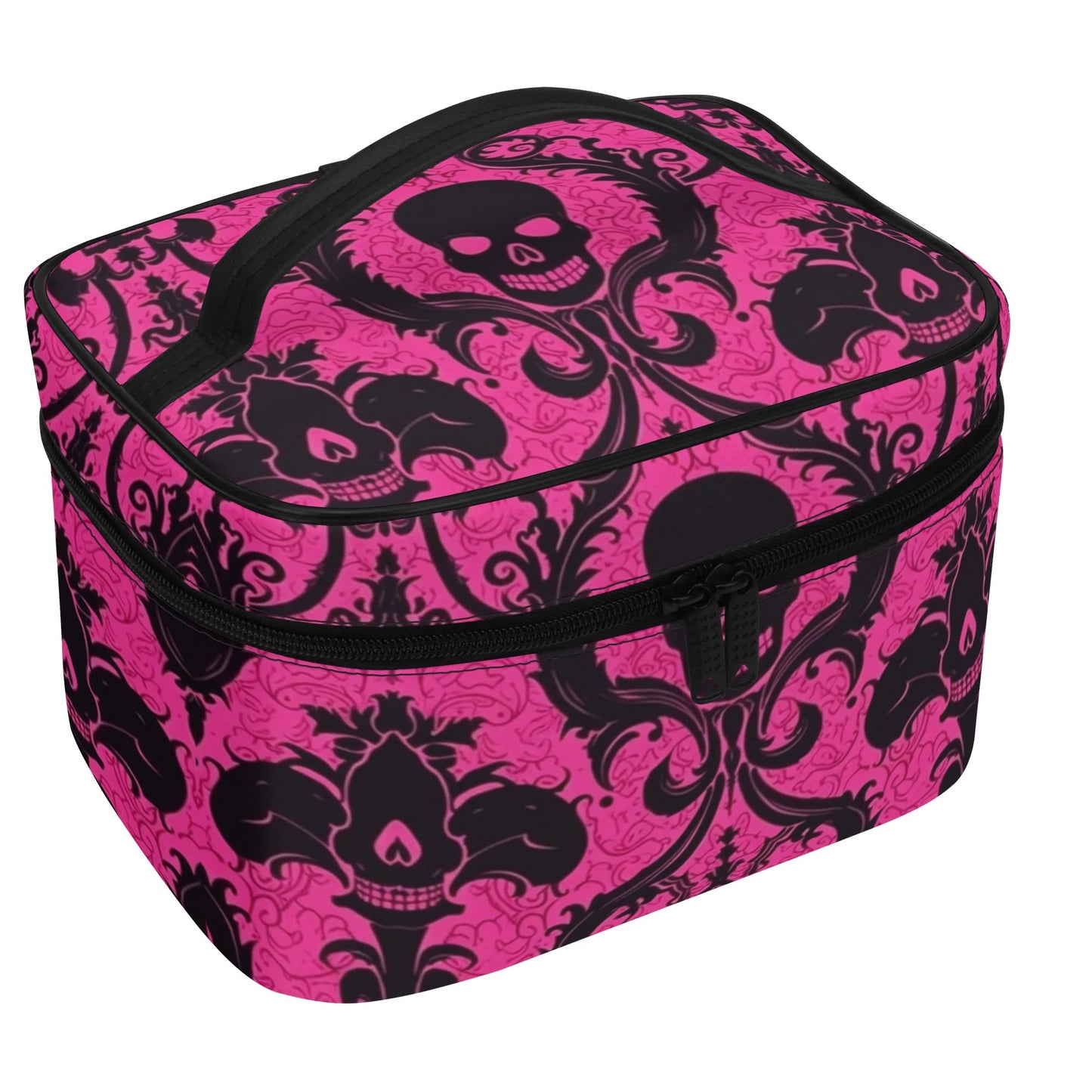 Gothic Pink And Black Skulls Leather Cosmetic Bag