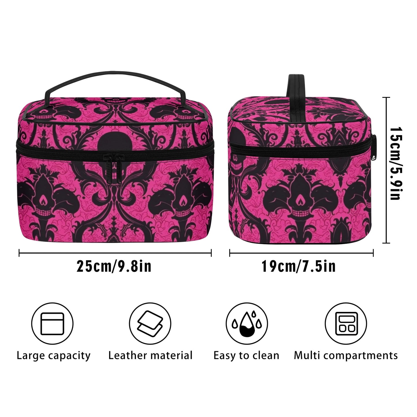 Gothic Pink And Black Skulls Leather Cosmetic Bag