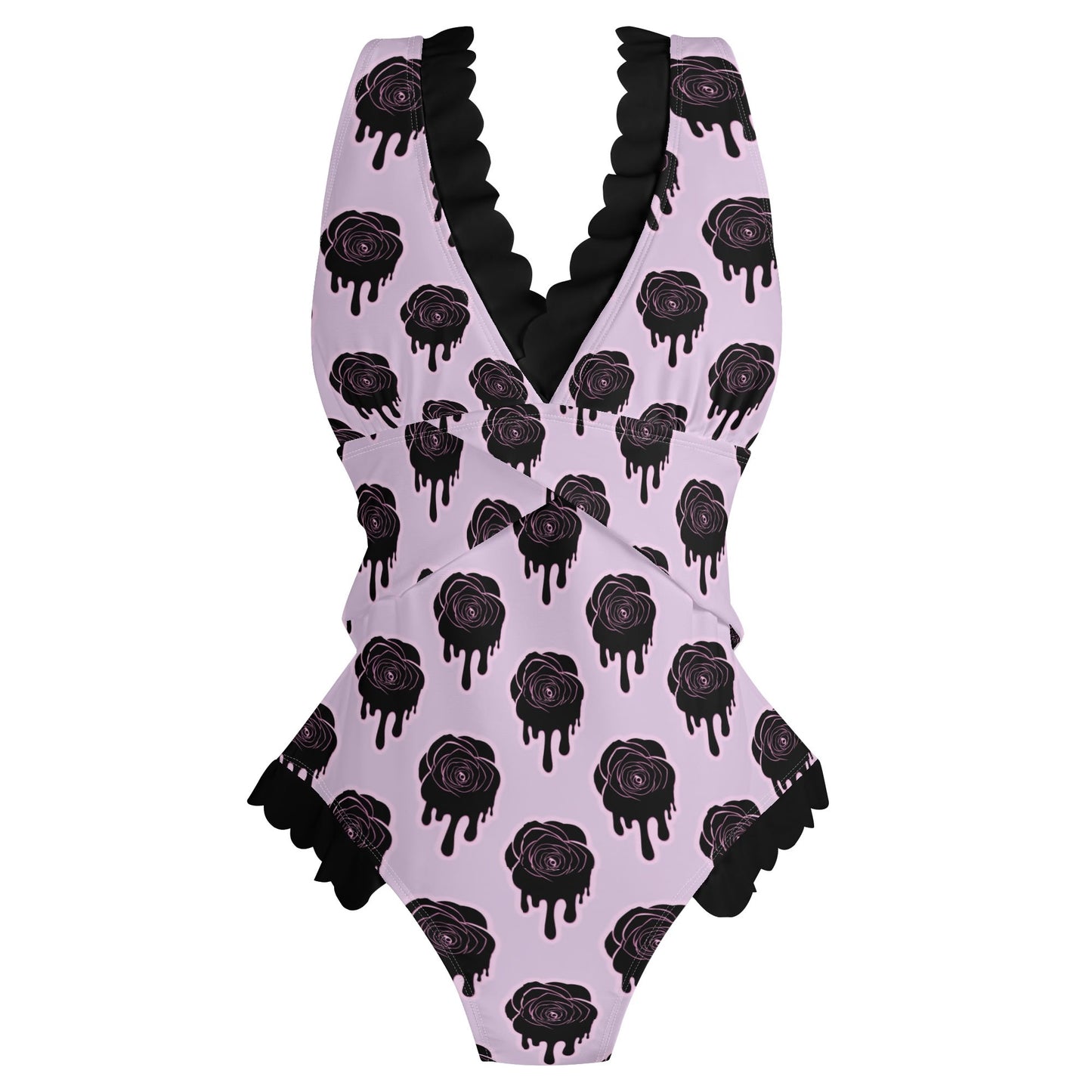 Dripping Roses Ruffle Edge Cross-Front One Piece Swimsuit