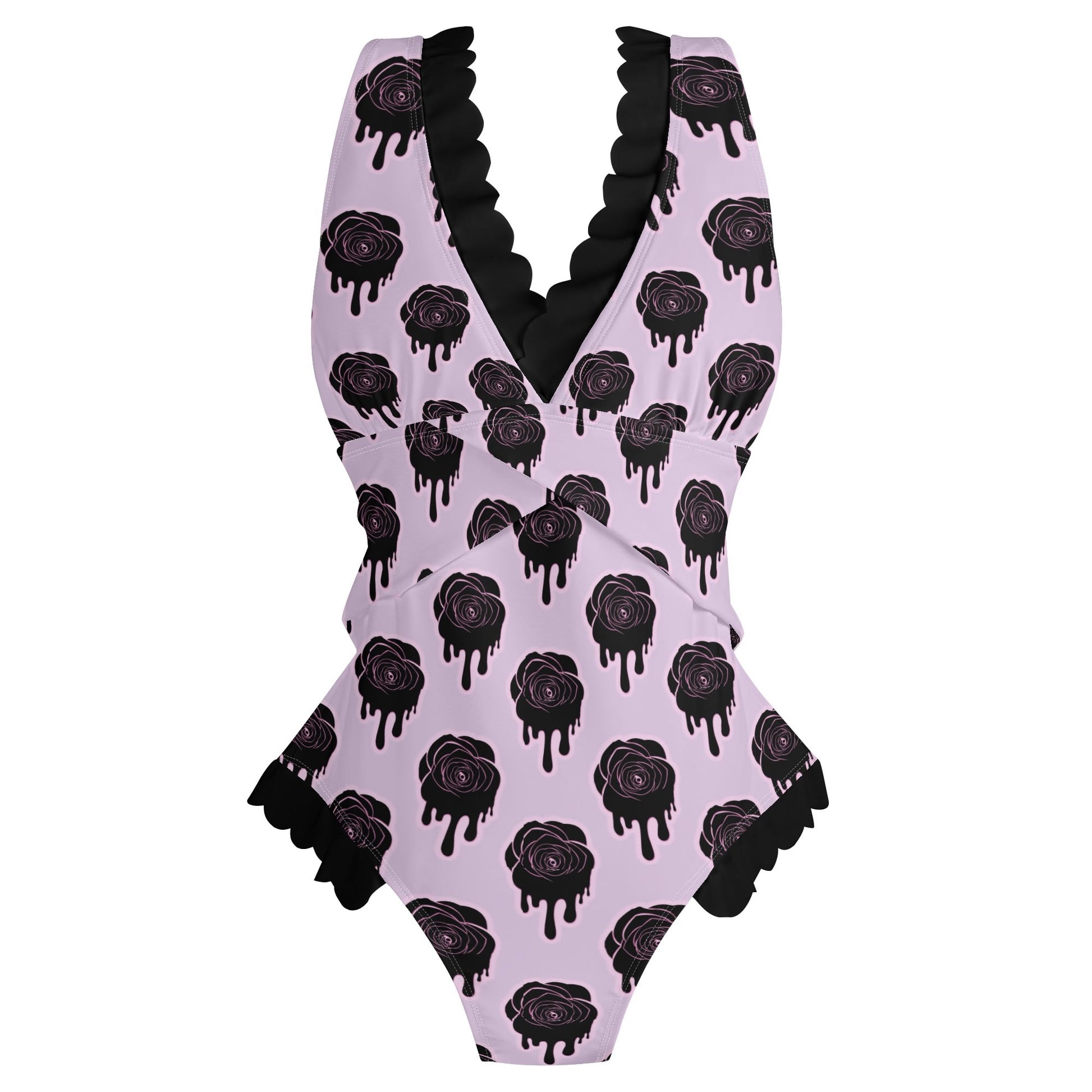 Dripping Roses Ruffle Edge Cross-Front One Piece Swimsuit