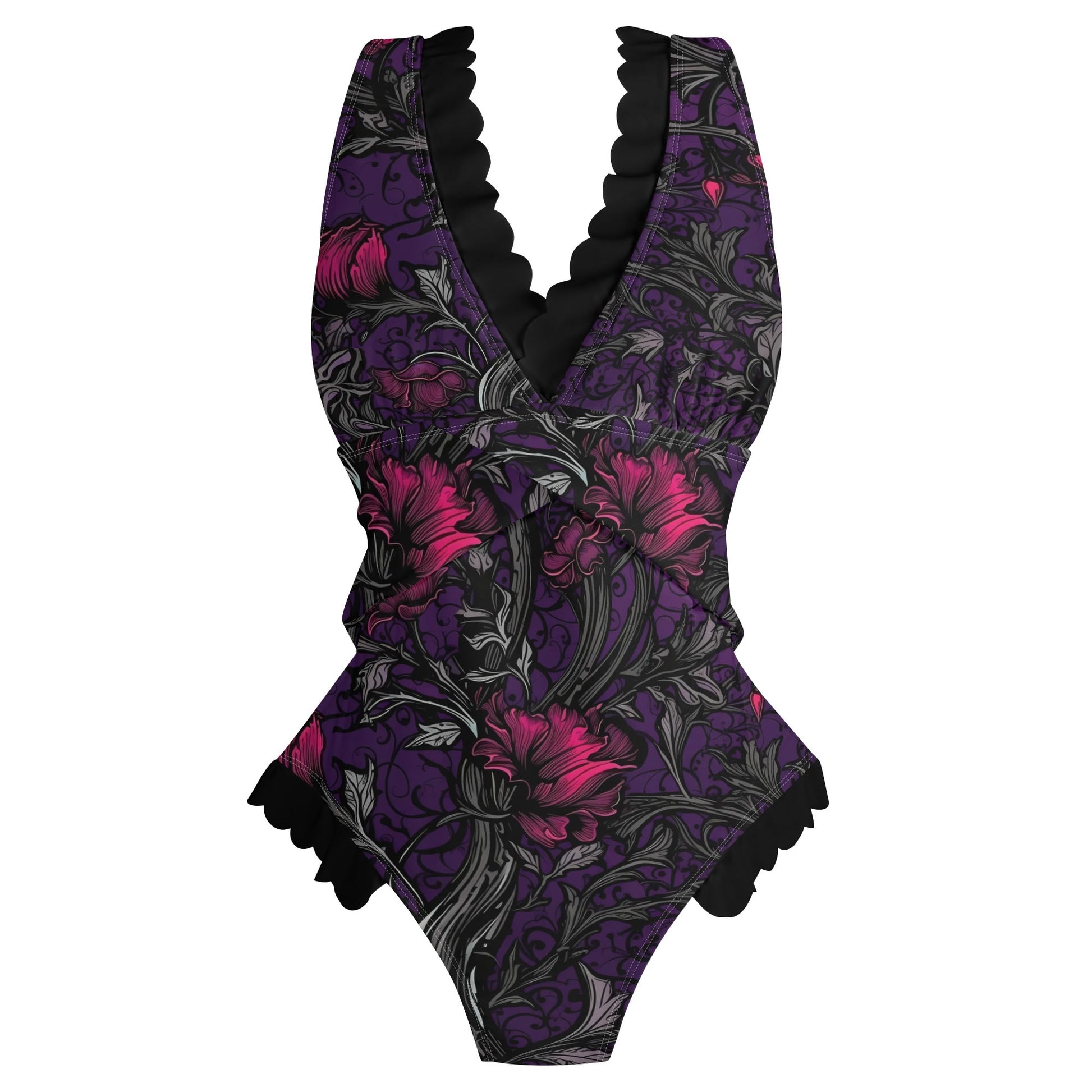 Gothic Forest Ruffle Edge Cross-Front One Piece Swimsuit