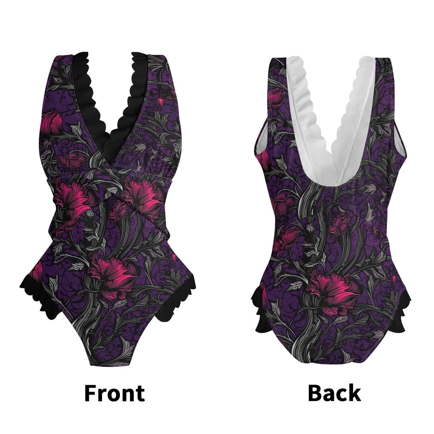 Gothic Forest Ruffle Edge Cross-Front One Piece Swimsuit