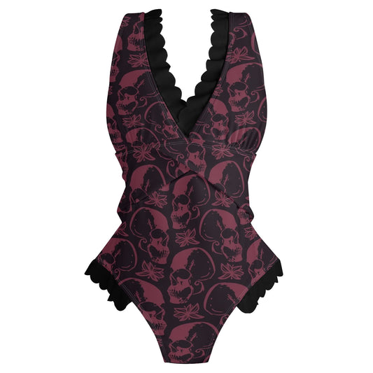 Purple Skulls Ruffle Edge Cross-Front One Piece Swimsuit