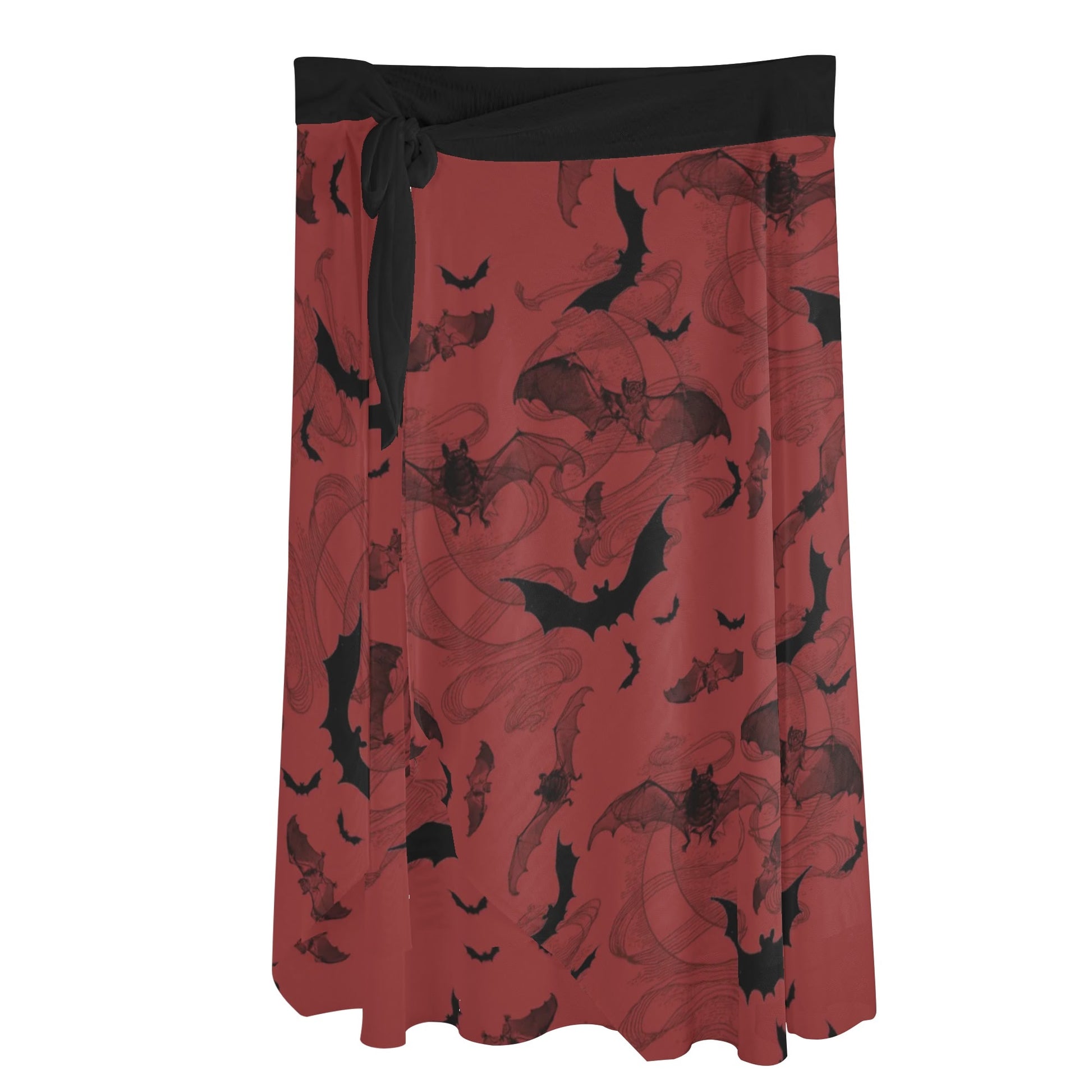 Smokey Bats Ruffle Tie Side Sarong Wrap Maxi Skirt