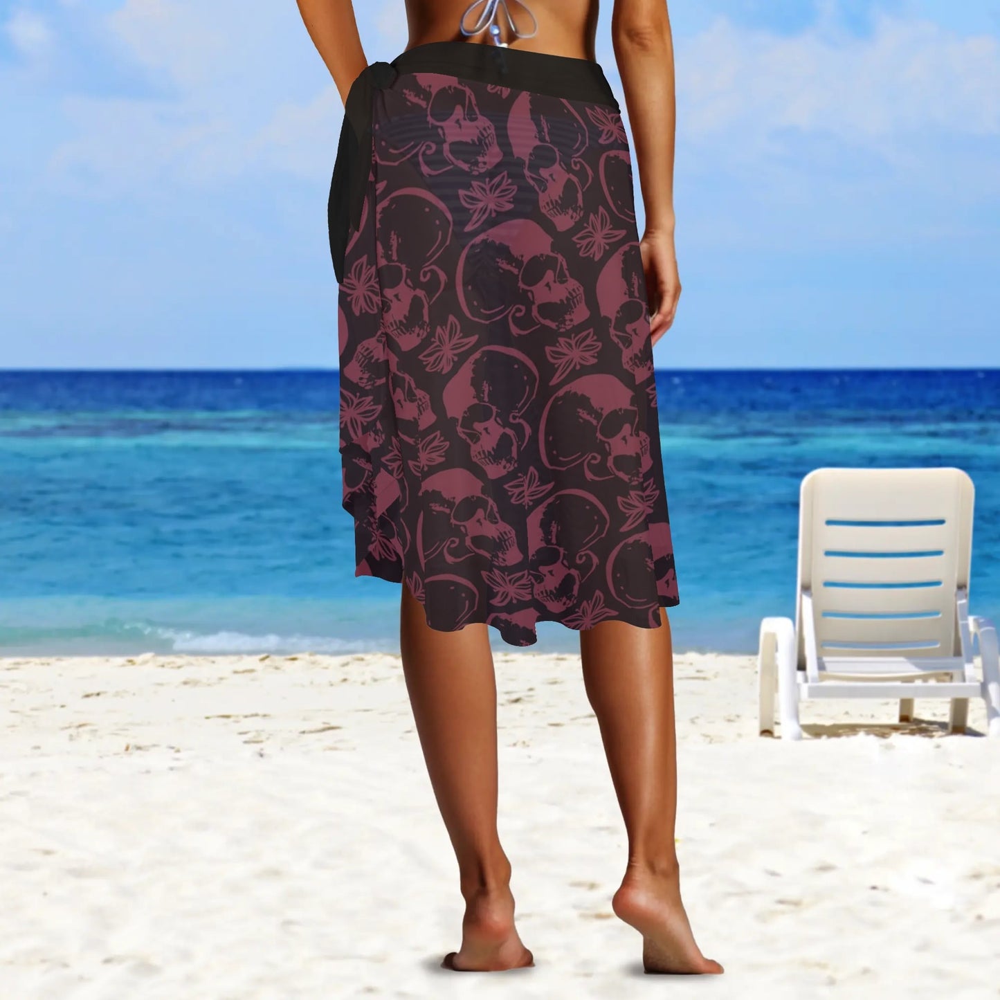 Purple Skulls Ruffle Tie Side Sarong Wrap Maxi Skirt