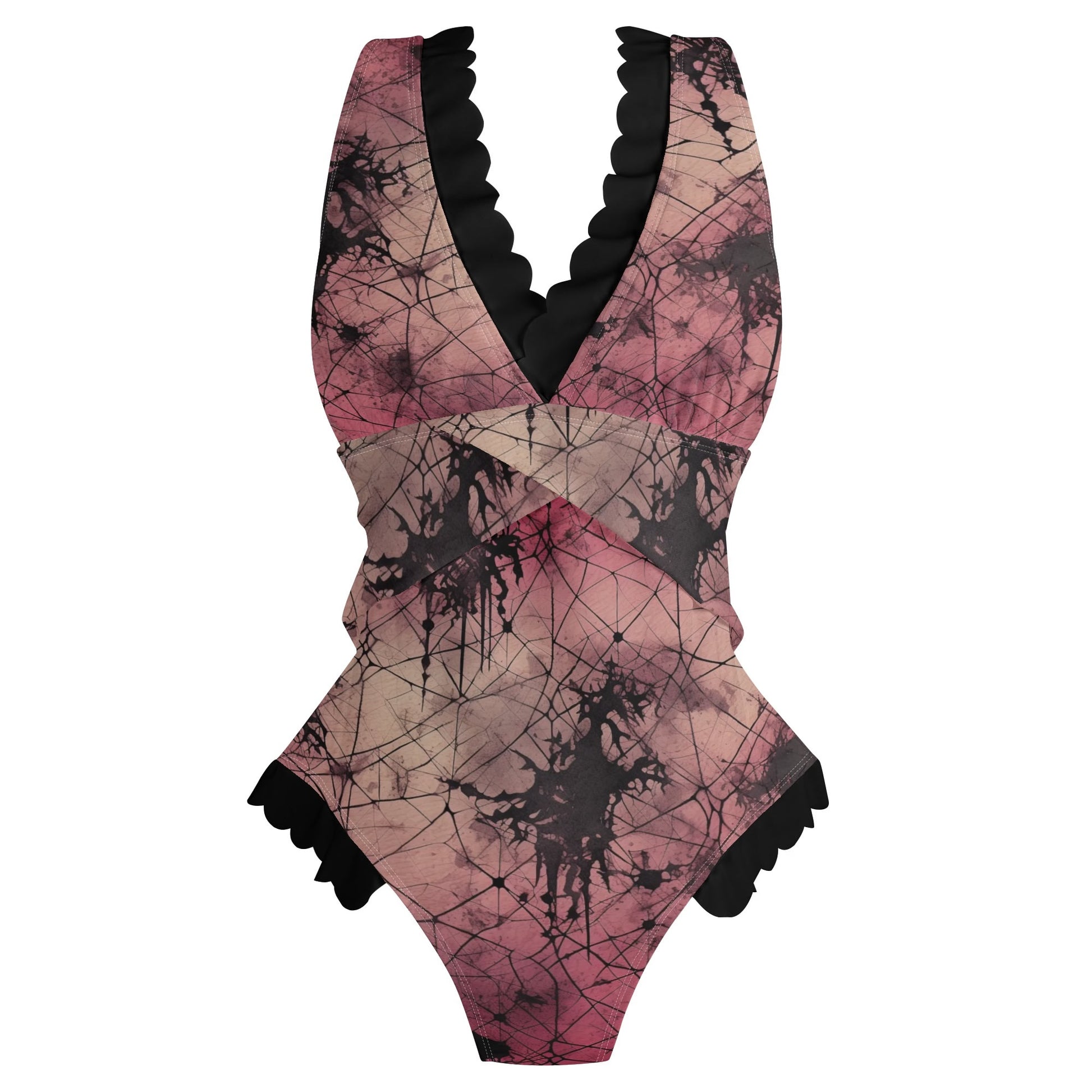 Gothic Pink Ruffle Edge Cross-Front One Piece Swimsuit