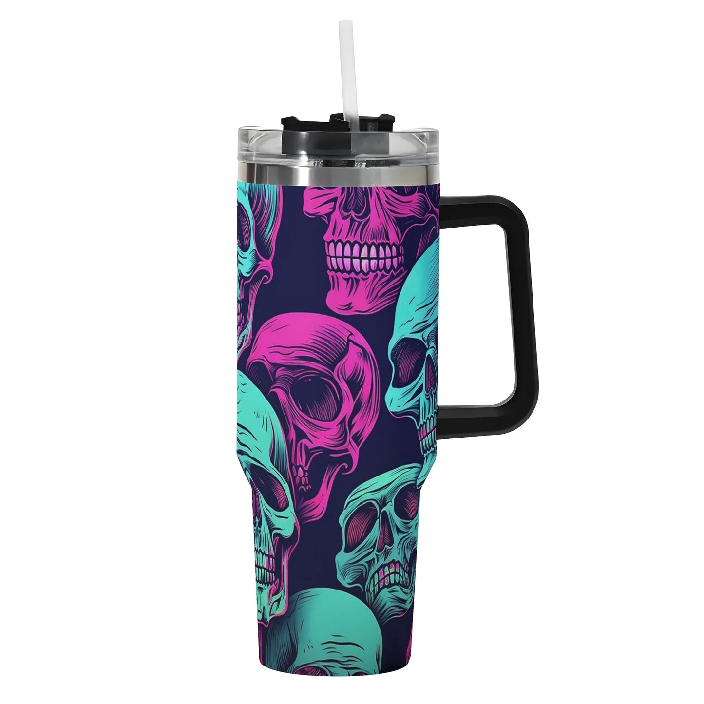 Neon Skulls 40oz Stainless Steel Tumbler With Straw And Black Handle