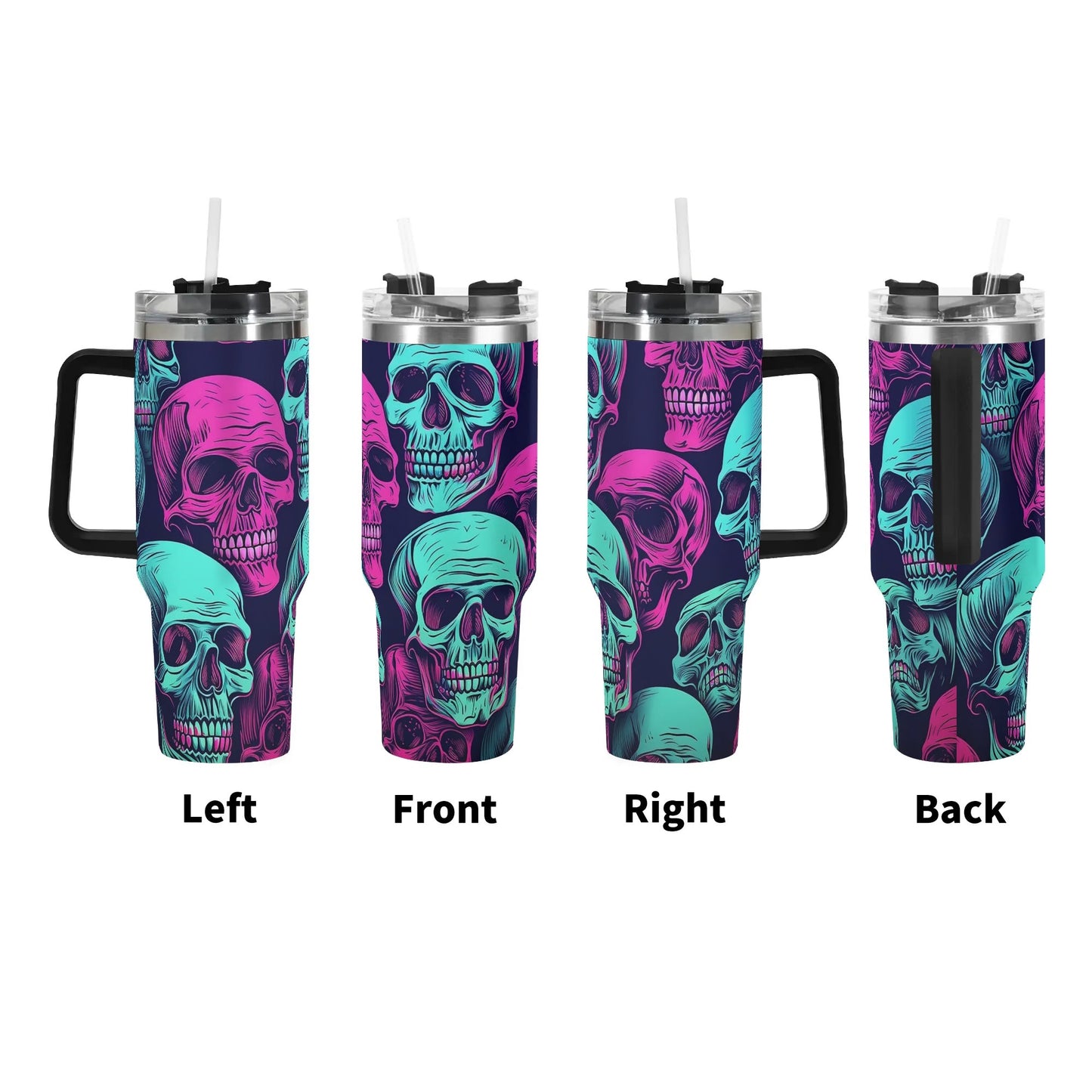 Neon Skulls 40oz Stainless Steel Tumbler With Straw And Black Handle