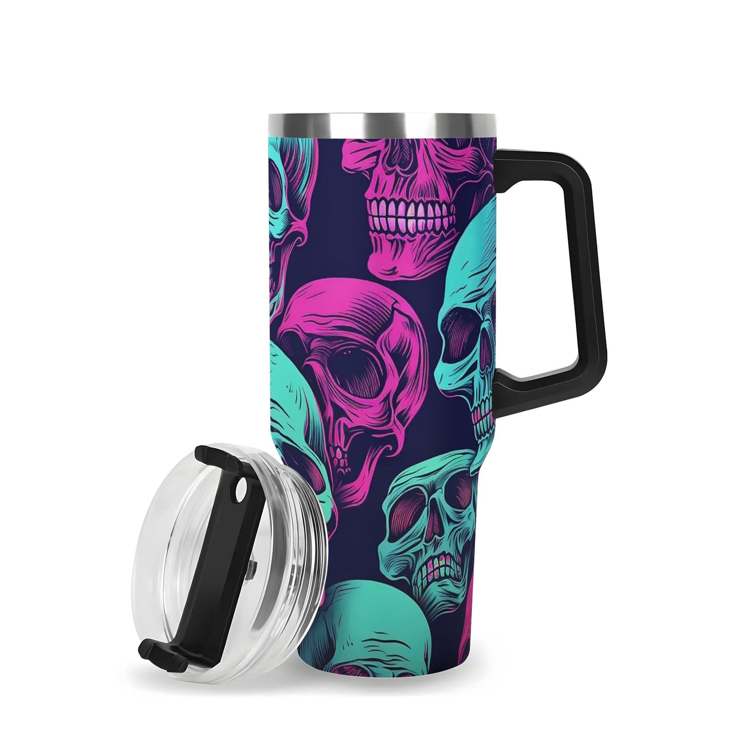 Neon Skulls 40oz Stainless Steel Tumbler With Straw And Black Handle