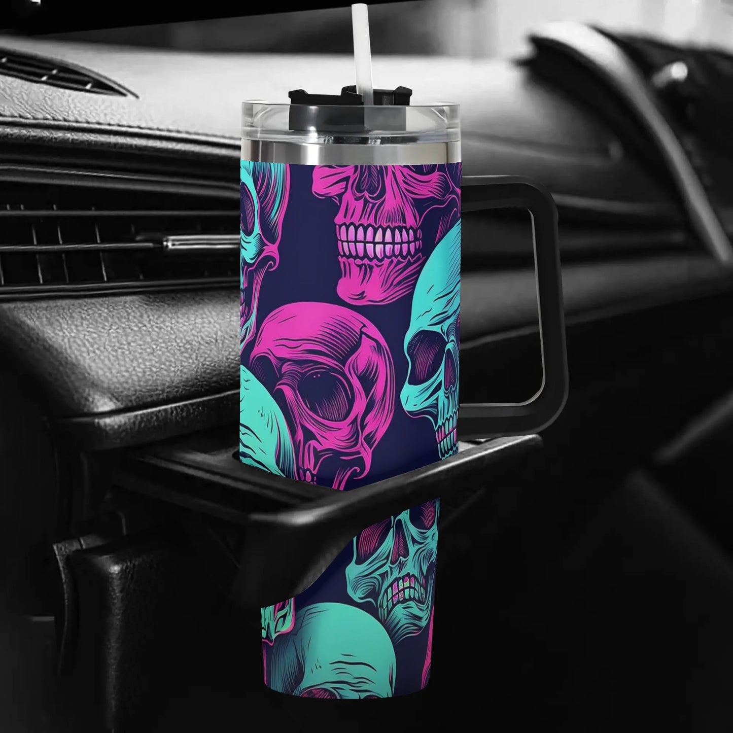 Neon Skulls 40oz Stainless Steel Tumbler With Straw And Black Handle