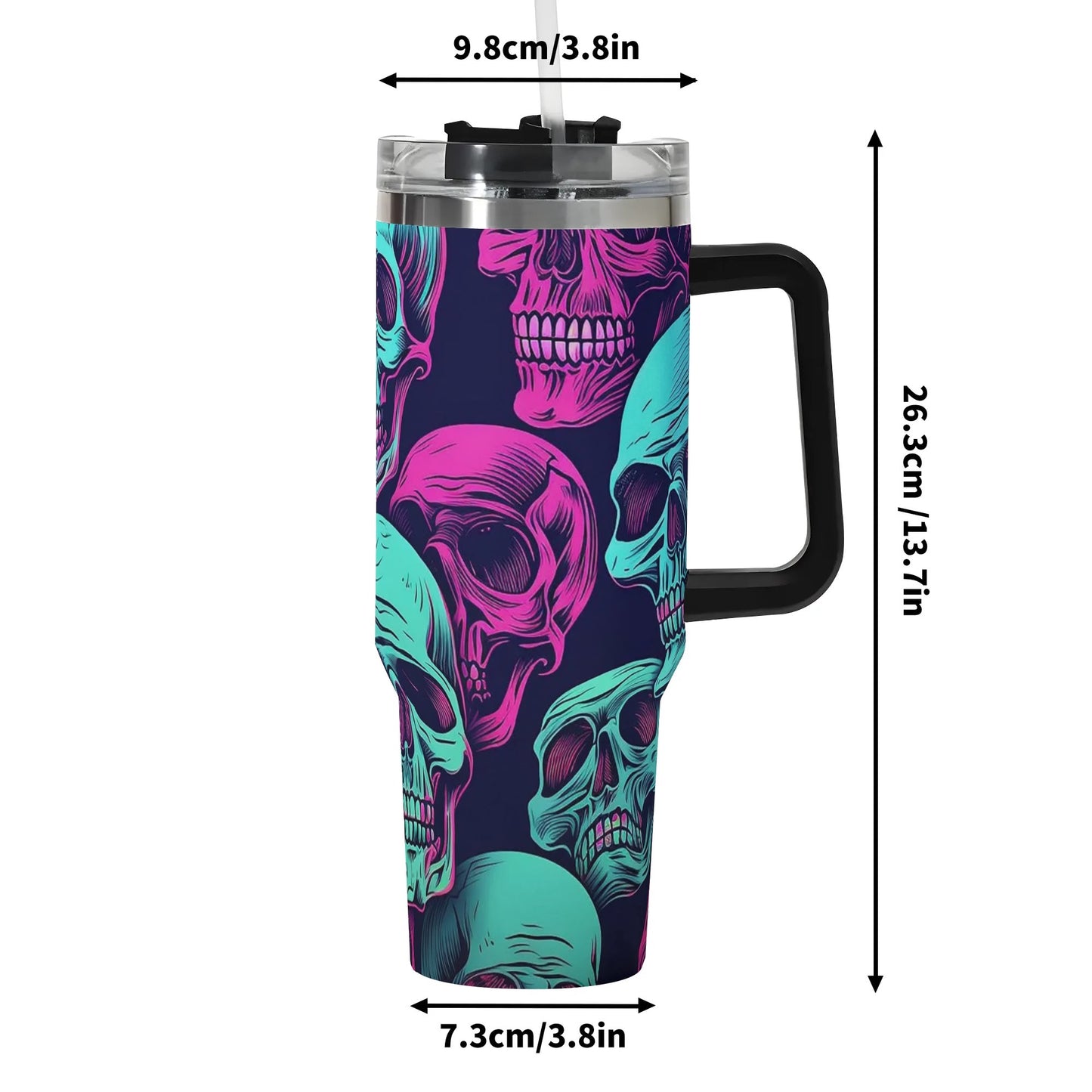 Neon Skulls 40oz Stainless Steel Tumbler With Straw And Black Handle