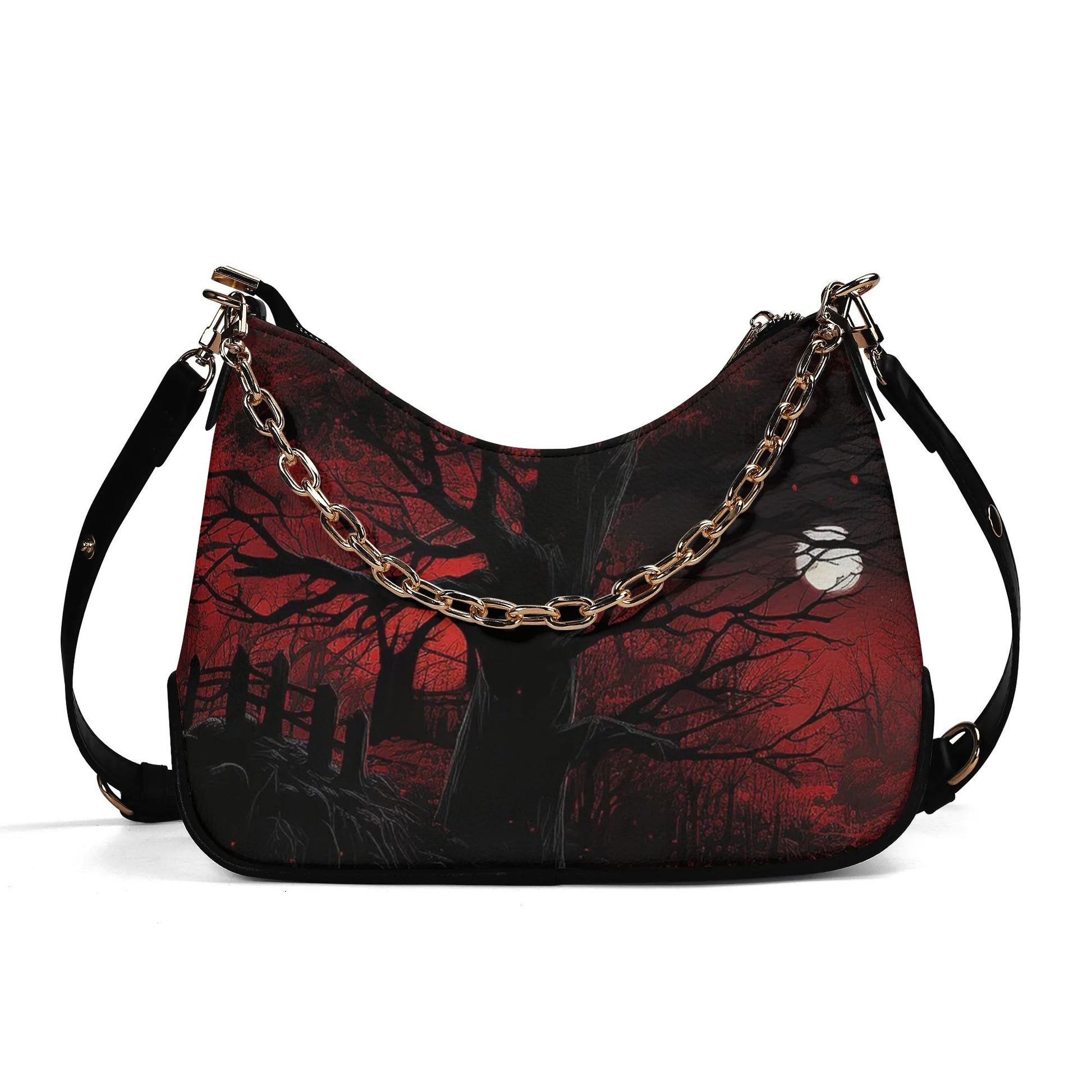 Midnight Red Leather Hand Bag With Chain